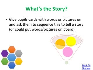What’s the Story?
• Give pupils cards with words or pictures on
and ask them to sequence this to tell a story
(or could put words/pictures on board).
Back To
Starters
 