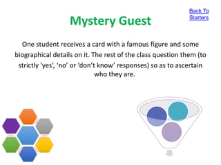 Mystery Guest
One student receives a card with a famous figure and some
biographical details on it. The rest of the class question them (to
strictly ‘yes’, ‘no’ or ‘don’t know’ responses) so as to ascertain
who they are.
Back To
Starters
 
