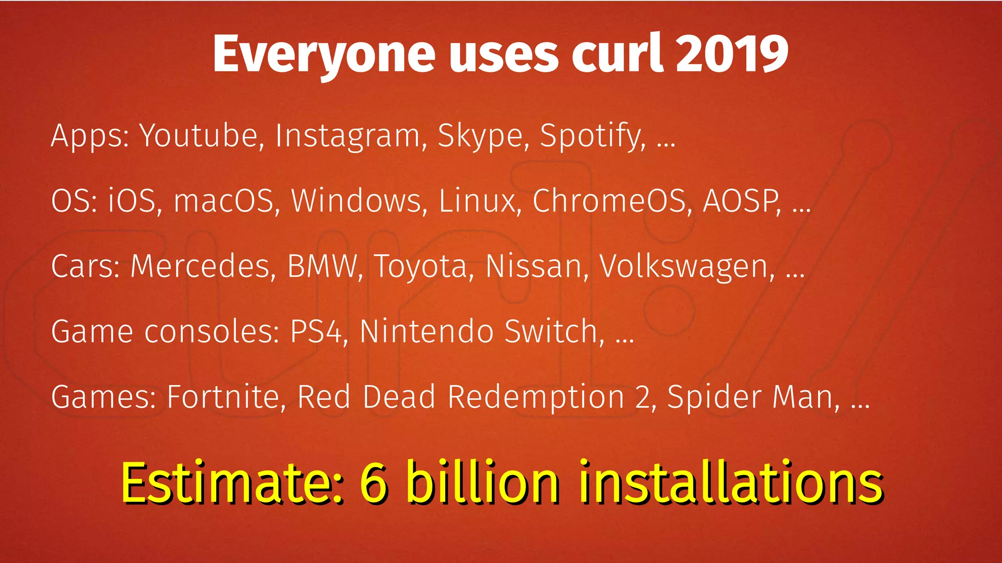 Everyone uses curl 2019
Apps: Youtube, Instagram, Skype, Spotify, ...
OS: iOS, macOS, Windows, Linux, ChromeOS, AOSP, ...
Cars: Mercedes, BMW, Toyota, Nissan, Volkswagen, …
Game consoles: PS4, Nintendo Switch, ...
Games: Fortnite, Red Dead Redemption 2, Spider Man, …
Estimate: 6 billion installationsEstimate: 6 billion installations
 