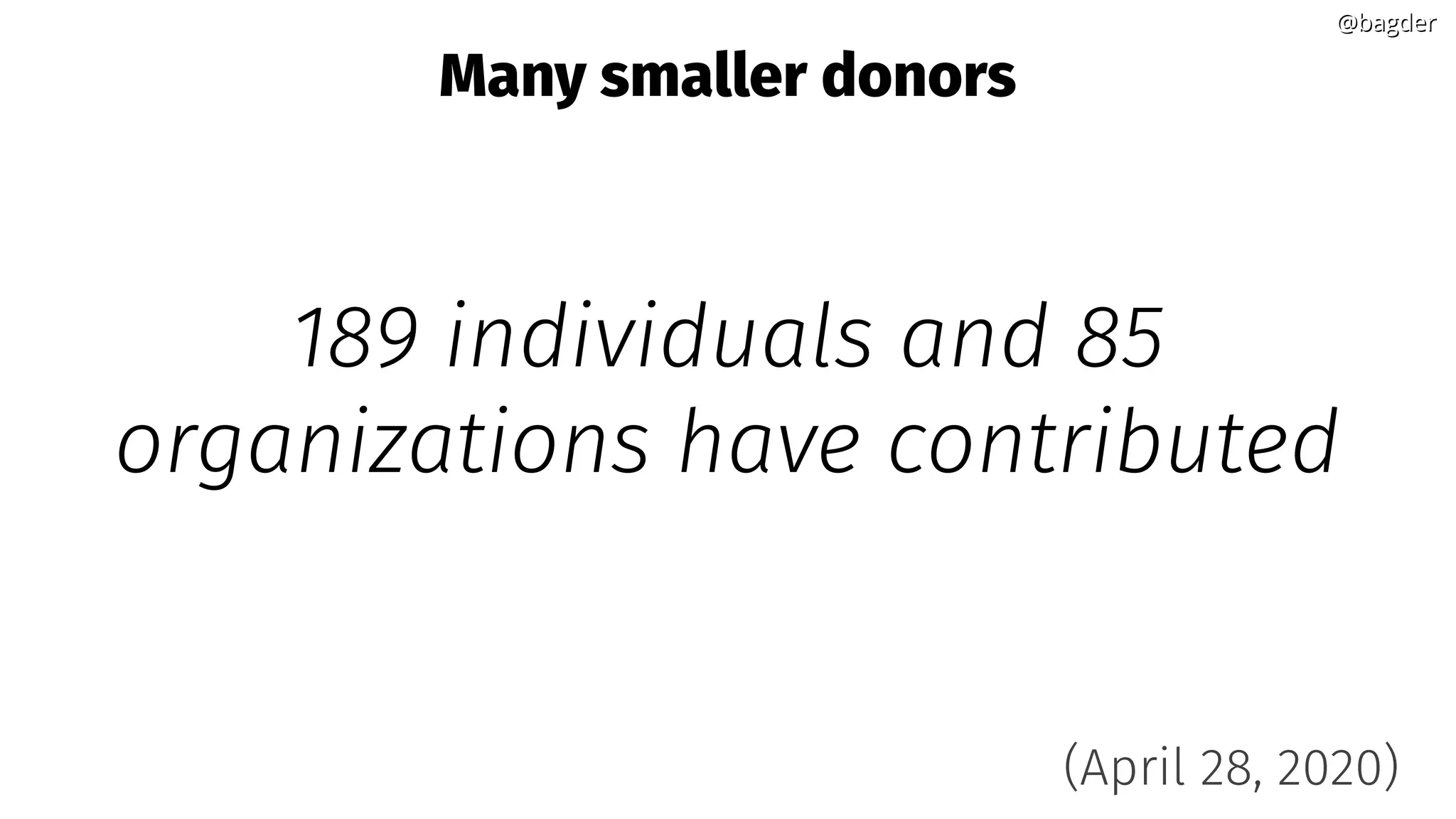 @bagder@bagder
Many smaller donors
189 individuals and 85
organizations have contributed
(April 28, 2020)
 