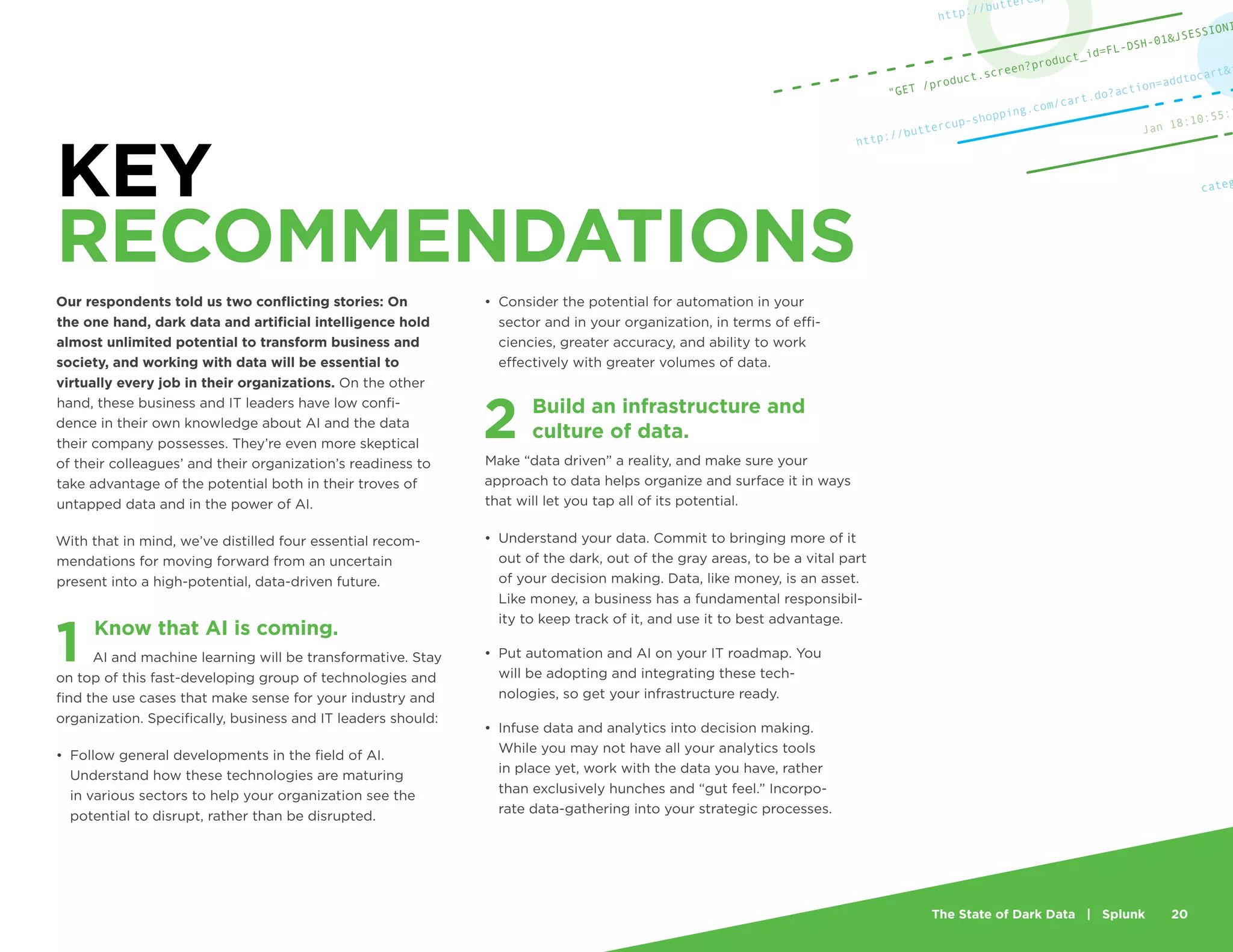 The State of Dark Data | Splunk 20
Our respondents told us two conflicting stories: On
the one hand, dark data and artificial intelligence hold
almost unlimited potential to transform business and
society, and working with data will be essential to
virtually every job in their organizations. On the other
hand, these business and IT leaders have low confi-
dence in their own knowledge about AI and the data
their company possesses. They’re even more skeptical
of their colleagues’ and their organization’s readiness to
take advantage of the potential both in their troves of
untapped data and in the power of AI.
With that in mind, we’ve distilled four essential recom-
mendations for moving forward from an uncertain
present into a high-potential, data-driven future.
Know that AI is coming.
AI and machine learning will be transformative. Stay
on top of this fast-developing group of technologies and
find the use cases that make sense for your industry and
organization. Specifically, business and IT leaders should:
•	 Follow general developments in the field of AI.
Understand how these technologies are maturing
in various sectors to help your organization see the
potential to disrupt, rather than be disrupted.
•	 Consider the potential for automation in your
sector and in your organization, in terms of effi-
ciencies, greater accuracy, and ability to work
effectively with greater volumes of data.
Build an infrastructure and
culture of data.
Make “data driven” a reality, and make sure your
approach to data helps organize and surface it in ways
that will let you tap all of its potential.
•	 Understand your data. Commit to bringing more of it
out of the dark, out of the gray areas, to be a vital part
of your decision making. Data, like money, is an asset.
Like money, a business has a fundamental responsibil-
ity to keep track of it, and use it to best advantage.
•	 Put automation and AI on your IT roadmap. You
will be adopting and integrating these tech-
nologies, so get your infrastructure ready.
•	 Infuse data and analytics into decision making.
While you may not have all your analytics tools
in place yet, work with the data you have, rather
than exclusively hunches and “gut feel.” Incorpo-
rate data-gathering into your strategic processes.
KEY
RECOMMENDATIONS
2
1
Jan 18:10:55:1
http://buttercup-shopping.com/cart.do?action=addtocart&i
http://buttercu
"GET /product.screen?product_id=FL-DSH-01&JSESSIONI
categ
 