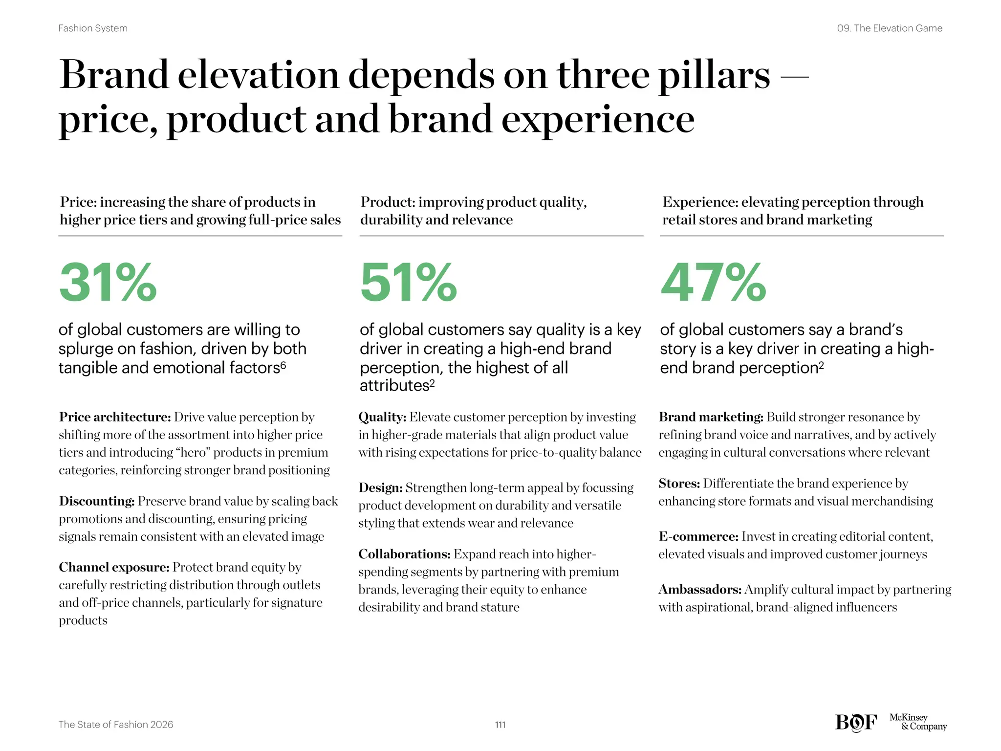 Brand elevation depends on three pillars —
price, product and brand experience
Price: increasing the share of products in
higher price tiers and growing full-price sales
Product: improving product quality,
durability and relevance
Experience: elevating perception through
retail stores and brand marketing
31% 51% 47%
Price architecture: Drive value perception by
shifting more of the assortment into higher price
tiers and introducing “hero” products in premium
categories, reinforcing stronger brand positioning
Discounting: Preserve brand value by scaling back
promotions and discounting, ensuring pricing
signals remain consistent with an elevated image
Channel exposure: Protect brand equity by
carefully restricting distribution through outlets
and off-price channels, particularly for signature
products
Quality: Elevate customer perception by investing
in higher-grade materials that align product value
with rising expectations for price-to-quality balance
Design: Strengthen long-term appeal by focussing
product development on durability and versatile
styling that extends wear and relevance
Collaborations: Expand reach into higher-
spending segments by partnering with premium
brands, leveraging their equity to enhance
desirability and brand stature
Brand marketing: Build stronger resonance by
refining brand voice and narratives, and by actively
engaging in cultural conversations where relevant
Stores: Differentiate the brand experience by
enhancing store formats and visual merchandising
E-commerce: Invest in creating editorial content,
elevated visuals and improved customer journeys
Ambassadors: Amplify cultural impact by partnering
with aspirational, brand-aligned influencers
of global customers are willing to
splurge on fashion, driven by both
tangible and emotional factors6
of global customers say quality is a key
driver in creating a high-end brand
perception, the highest of all
attributes2
of global customers say a brand’s
story is a key driver in creating a high-
end brand perception2
111
The State of Fashion 2026
09. The Elevation Game
Fashion System
 