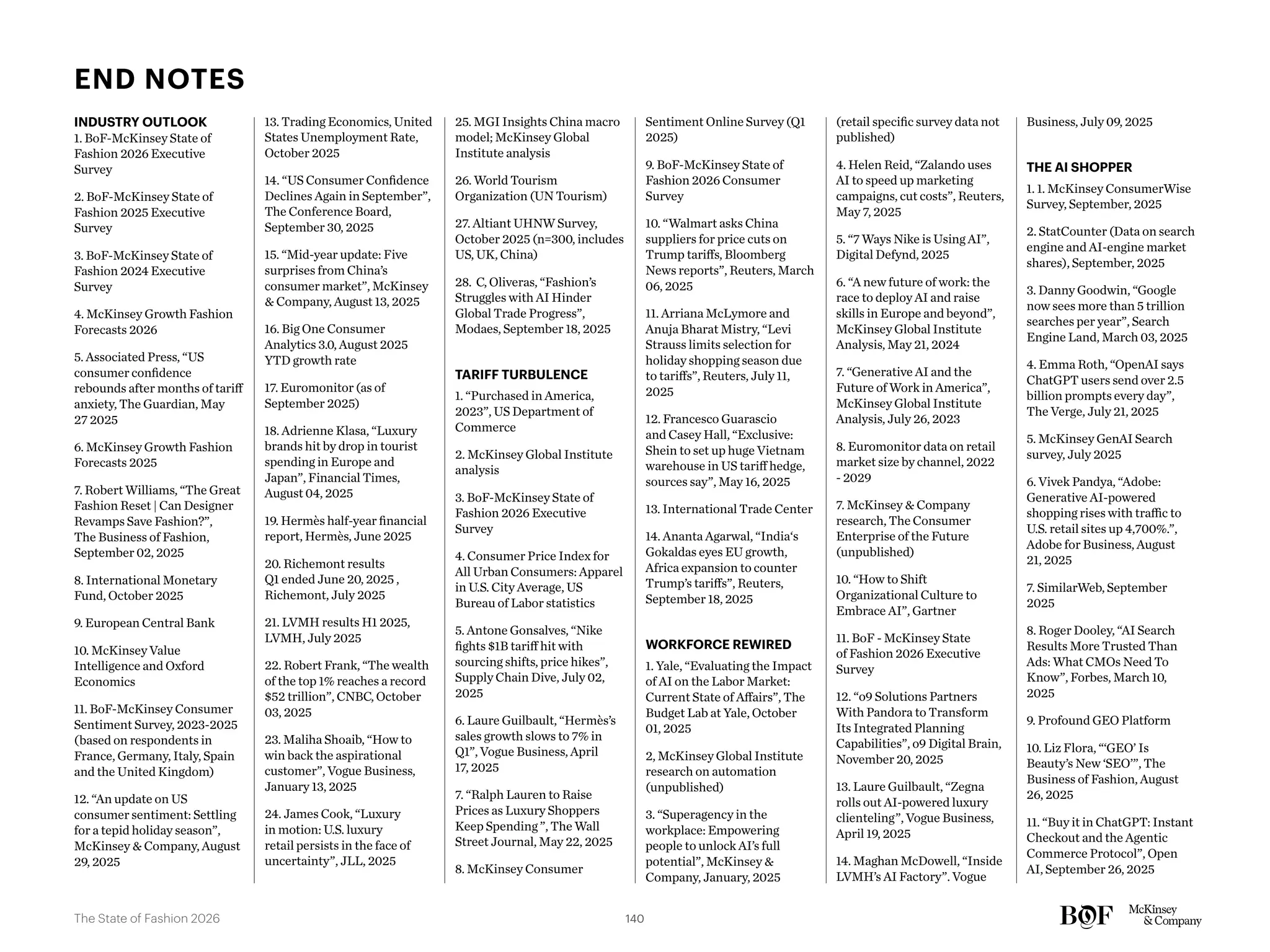 INDUSTRY OUTLOOK
1. BoF-McKinsey State of
Fashion 2026 Executive
Survey
2. BoF-McKinsey State of
Fashion 2025 Executive
Survey
3. BoF-McKinsey State of
Fashion 2024 Executive
Survey
4. McKinsey Growth Fashion
Forecasts 2026
5. Associated Press, “US
consumer confidence
rebounds after months of tariff
anxiety, The Guardian, May
27 2025
6. McKinsey Growth Fashion
Forecasts 2025
7. Robert Williams, “The Great
Fashion Reset | Can Designer
Revamps Save Fashion?”,
The Business of Fashion,
September 02, 2025
8. International Monetary
Fund, October 2025
9. European Central Bank
10. McKinsey Value
Intelligence and Oxford
Economics
11. BoF-McKinsey Consumer
Sentiment Survey, 2023-2025
(based on respondents in
France, Germany, Italy, Spain
and the United Kingdom)
12. “An update on US
consumer sentiment: Settling
for a tepid holiday season”,
McKinsey & Company, August
29, 2025
13. Trading Economics, United
States Unemployment Rate,
October 2025
14. “US Consumer Confidence
Declines Again in September”,
The Conference Board,
September 30, 2025
15. “Mid-year update: Five
surprises from China’s
consumer market”, McKinsey
& Company, August 13, 2025
16. Big One Consumer
Analytics 3.0, August 2025
YTD growth rate
17. Euromonitor (as of
September 2025)
18. Adrienne Klasa, “Luxury
brands hit by drop in tourist
spending in Europe and
Japan”, Financial Times,
August 04, 2025
19. Hermès half-year financial
report, Hermès, June 2025
20. Richemont results
Q1 ended June 20, 2025 ,
Richemont, July 2025
21. LVMH results H1 2025,
LVMH, July 2025
22. Robert Frank, “The wealth
of the top 1% reaches a record
$52 trillion”, CNBC, October
03, 2025
23. Maliha Shoaib, “How to
win back the aspirational
customer”, Vogue Business,
January 13, 2025
24. James Cook, “Luxury
in motion: U.S. luxury
retail persists in the face of
uncertainty”, JLL, 2025
25. MGI Insights China macro
model; McKinsey Global
Institute analysis
26. World Tourism
Organization (UN Tourism)
27. Altiant UHNW Survey,
October 2025 (n=300, includes
US, UK, China)
28. C, Oliveras, “Fashion’s
Struggles with AI Hinder
Global Trade Progress”,
Modaes, September 18, 2025
TARIFF TURBULENCE
1. “Purchased in America,
2023”, US Department of
Commerce
2. McKinsey Global Institute
analysis
3. BoF-McKinsey State of
Fashion 2026 Executive
Survey
4. Consumer Price Index for
All Urban Consumers: Apparel
in U.S. City Average, US
Bureau of Labor statistics
5. Antone Gonsalves, “Nike
fights $1B tariff hit with
sourcing shifts, price hikes”,
Supply Chain Dive, July 02,
2025
6. Laure Guilbault, “Hermès’s
sales growth slows to 7% in
Q1”, Vogue Business, April
17, 2025
7. “Ralph Lauren to Raise
Prices as Luxury Shoppers
Keep Spending ”, The Wall
Street Journal, May 22, 2025
8. McKinsey Consumer
Sentiment Online Survey (Q1
2025)
9. BoF-McKinsey State of
Fashion 2026 Consumer
Survey
10. “Walmart asks China
suppliers for price cuts on
Trump tariffs, Bloomberg
News reports”, Reuters, March
06, 2025
11. Arriana McLymore and
Anuja Bharat Mistry, “Levi
Strauss limits selection for
holiday shopping season due
to tariffs”, Reuters, July 11,
2025
12. Francesco Guarascio
and Casey Hall, “Exclusive:
Shein to set up huge Vietnam
warehouse in US tariff hedge,
sources say”, May 16, 2025
13. International Trade Center
14. Ananta Agarwal, “India‘s
Gokaldas eyes EU growth,
Africa expansion to counter
Trump’s tariffs”, Reuters,
September 18, 2025
WORKFORCE REWIRED
1. Yale, “Evaluating the Impact
of AI on the Labor Market:
Current State of Affairs”, The
Budget Lab at Yale, October
01, 2025
2, McKinsey Global Institute
research on automation
(unpublished)
3. “Superagency in the
workplace: Empowering
people to unlock AI’s full
potential”, McKinsey &
Company, January, 2025
(retail specific survey data not
published)
4. Helen Reid, “Zalando uses
AI to speed up marketing
campaigns, cut costs”, Reuters,
May 7, 2025
5. “7 Ways Nike is Using AI”,
Digital Defynd, 2025
6. “A new future of work: the
race to deploy AI and raise
skills in Europe and beyond”,
McKinsey Global Institute
Analysis, May 21, 2024
7. “Generative AI and the
Future of Work in America”,
McKinsey Global Institute
Analysis, July 26, 2023
8. Euromonitor data on retail
market size by channel, 2022
- 2029
7. McKinsey & Company
research, The Consumer
Enterprise of the Future
(unpublished)
10. “How to Shift
Organizational Culture to
Embrace AI”, Gartner
11. BoF - McKinsey State
of Fashion 2026 Executive
Survey
12. “o9 Solutions Partners
With Pandora to Transform
Its Integrated Planning
Capabilities”, o9 Digital Brain,
November 20, 2025
13. Laure Guilbault, “Zegna
rolls out AI-powered luxury
clienteling”, Vogue Business,
April 19, 2025
14. Maghan McDowell, “Inside
LVMH’s AI Factory”. Vogue
Business, July 09, 2025
THE AI SHOPPER
1. 1. McKinsey ConsumerWise
Survey, September, 2025
2. StatCounter (Data on search
engine and AI-engine market
shares), September, 2025
3. Danny Goodwin, “Google
now sees more than 5 trillion
searches per year”, Search
Engine Land, March 03, 2025
4. Emma Roth, “OpenAI says
ChatGPT users send over 2.5
billion prompts every day”,
The Verge, July 21, 2025
5. McKinsey GenAI Search
survey, July 2025
6. Vivek Pandya, “Adobe:
Generative AI-powered
shopping rises with traffic to
U.S. retail sites up 4,700%.”,
Adobe for Business, August
21, 2025
7. SimilarWeb, September
2025
8. Roger Dooley, “AI Search
Results More Trusted Than
Ads: What CMOs Need To
Know”, Forbes, March 10,
2025
9. Profound GEO Platform
10. Liz Flora, “‘GEO’ Is
Beauty’s New ‘SEO’”, The
Business of Fashion, August
26, 2025
11. “Buy it in ChatGPT: Instant
Checkout and the Agentic
Commerce Protocol”, Open
AI, September 26, 2025
END NOTES
140
The State of Fashion 2026
 