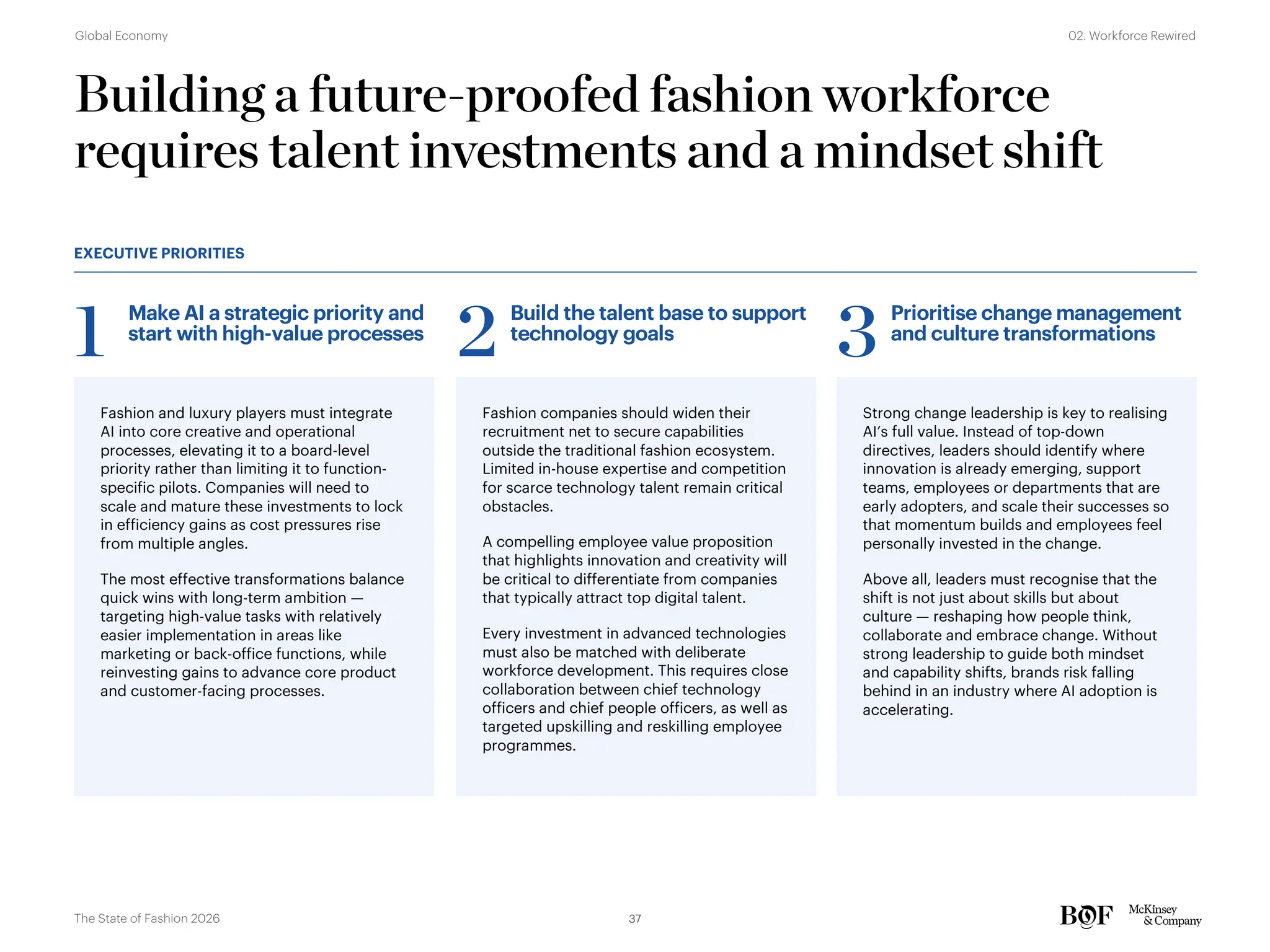 Fashion and luxury players must integrate
AI into core creative and operational
processes, elevating it to a board-level
priority rather than limiting it to function-
specific pilots. Companies will need to
scale and mature these investments to lock
in efficiency gains as cost pressures rise
from multiple angles.
The most effective transformations balance
quick wins with long-term ambition —
targeting high-value tasks with relatively
easier implementation in areas like
marketing or back-office functions, while
reinvesting gains to advance core product
and customer-facing processes.
Fashion companies should widen their
recruitment net to secure capabilities
outside the traditional fashion ecosystem.
Limited in-house expertise and competition
for scarce technology talent remain critical
obstacles.
A compelling employee value proposition
that highlights innovation and creativity will
be critical to differentiate from companies
that typically attract top digital talent.
Every investment in advanced technologies
must also be matched with deliberate
workforce development. This requires close
collaboration between chief technology
officers and chief people officers, as well as
targeted upskilling and reskilling employee
programmes.
Strong change leadership is key to realising
AI’s full value. Instead of top-down
directives, leaders should identify where
innovation is already emerging, support
teams, employees or departments that are
early adopters, and scale their successes so
that momentum builds and employees feel
personally invested in the change.
Above all, leaders must recognise that the
shift is not just about skills but about
culture — reshaping how people think,
collaborate and embrace change. Without
strong leadership to guide both mindset
and capability shifts, brands risk falling
behind in an industry where AI adoption is
accelerating.
Building a future-proofed fashion workforce
requires talent investments and a mindset shift
Make AI a strategic priority and
start with high-value processes
1 Build the talent base to support
technology goals
2 Prioritise change management
and culture transformations
3
EXECUTIVE PRIORITIES
37
The State of Fashion 2026
02. Workforce Rewired
Global Economy
 
