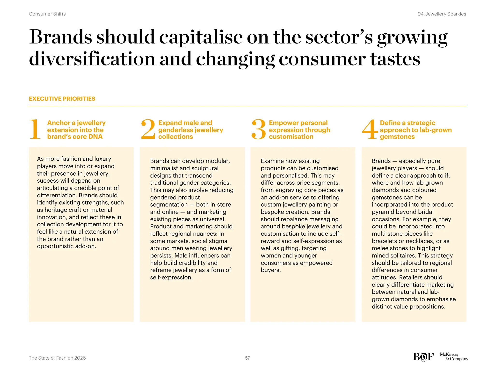 Brands should capitalise on the sector’s growing
diversification and changing consumer tastes
EXECUTIVE PRIORITIES
As more fashion and luxury
players move into or expand
their presence in jewellery,
success will depend on
articulating a credible point of
differentiation. Brands should
identify existing strengths, such
as heritage craft or material
innovation, and reflect these in
collection development for it to
feel like a natural extension of
the brand rather than an
opportunistic add-on.
Brands can develop modular,
minimalist and sculptural
designs that transcend
traditional gender categories.
This may also involve reducing
gendered product
segmentation — both in-store
and online — and marketing
existing pieces as universal.
Product and marketing should
reflect regional nuances: In
some markets, social stigma
around men wearing jewellery
persists. Male influencers can
help build credibility and
reframe jewellery as a form of
self-expression.
Examine how existing
products can be customised
and personalised. This may
differ across price segments,
from engraving core pieces as
an add-on service to offering
custom jewellery painting or
bespoke creation. Brands
should rebalance messaging
around bespoke jewellery and
customisation to include self-
reward and self-expression as
well as gifting, targeting
women and younger
consumers as empowered
buyers.
Anchor a jewellery
extension into the
brand’s core DNA
1 Expand male and
genderless jewellery
collections
2 Empower personal
expression through
customisation
3
Brands — especially pure
jewellery players — should
define a clear approach to if,
where and how lab-grown
diamonds and coloured
gemstones can be
incorporated into the product
pyramid beyond bridal
occasions. For example, they
could be incorporated into
multi-stone pieces like
bracelets or necklaces, or as
melee stones to highlight
mined solitaires. This strategy
should be tailored to regional
differences in consumer
attitudes. Retailers should
clearly differentiate marketing
between natural and lab-
grown diamonds to emphasise
distinct value propositions.
Define a strategic
approach to lab-grown
gemstones
4
57
The State of Fashion 2026
04. Jewellery Sparkles
Consumer Shifts
 
