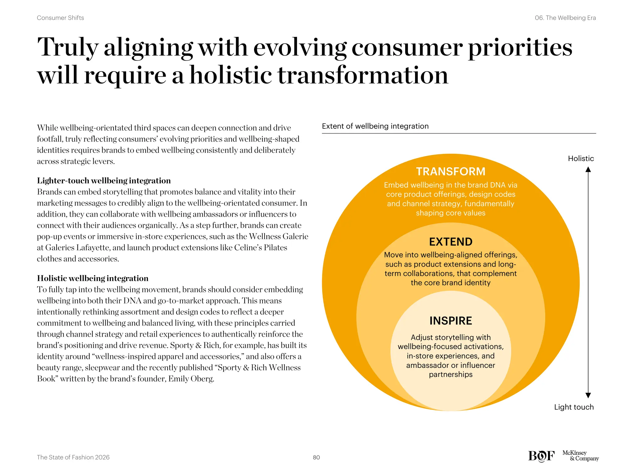 Truly aligning with evolving consumer priorities
will require a holistic transformation
While wellbeing-orientated third spaces can deepen connection and drive
footfall, truly reflecting consumers’ evolving priorities and wellbeing-shaped
identities requires brands to embed wellbeing consistently and deliberately
across strategic levers.
Lighter-touch wellbeing integration
Brands can embed storytelling that promotes balance and vitality into their
marketing messages to credibly align to the wellbeing-orientated consumer. In
addition, they can collaborate with wellbeing ambassadors or influencers to
connect with their audiences organically. As a step further, brands can create
pop-up events or immersive in-store experiences, such as the Wellness Galerie
at Galeries Lafayette, and launch product extensions like Celine’s Pilates
clothes and accessories.
Holistic wellbeing integration
To fully tap into the wellbeing movement, brands should consider embedding
wellbeing into both their DNA and go-to-market approach. This means
intentionally rethinking assortment and design codes to reflect a deeper
commitment to wellbeing and balanced living, with these principles carried
through channel strategy and retail experiences to authentically reinforce the
brand’s positioning and drive revenue. Sporty & Rich, for example, has built its
identity around “wellness-inspired apparel and accessories,” and also offers a
beauty range, sleepwear and the recently published “Sporty & Rich Wellness
Book” written by the brand’s founder, Emily Oberg.
Extent of wellbeing integration
TRANSFORM
INSPIRE
EXTEND
Adjust storytelling with
wellbeing-focused activations,
in-store experiences, and
ambassador or influencer
partnerships
Move into wellbeing-aligned offerings,
such as product extensions and long-
term collaborations, that complement
the core brand identity
Embed wellbeing in the brand DNA via
core product offerings, design codes
and channel strategy, fundamentally
shaping core values
Light touch
Holistic
80
The State of Fashion 2026
06. The Wellbeing Era
Consumer Shifts
 