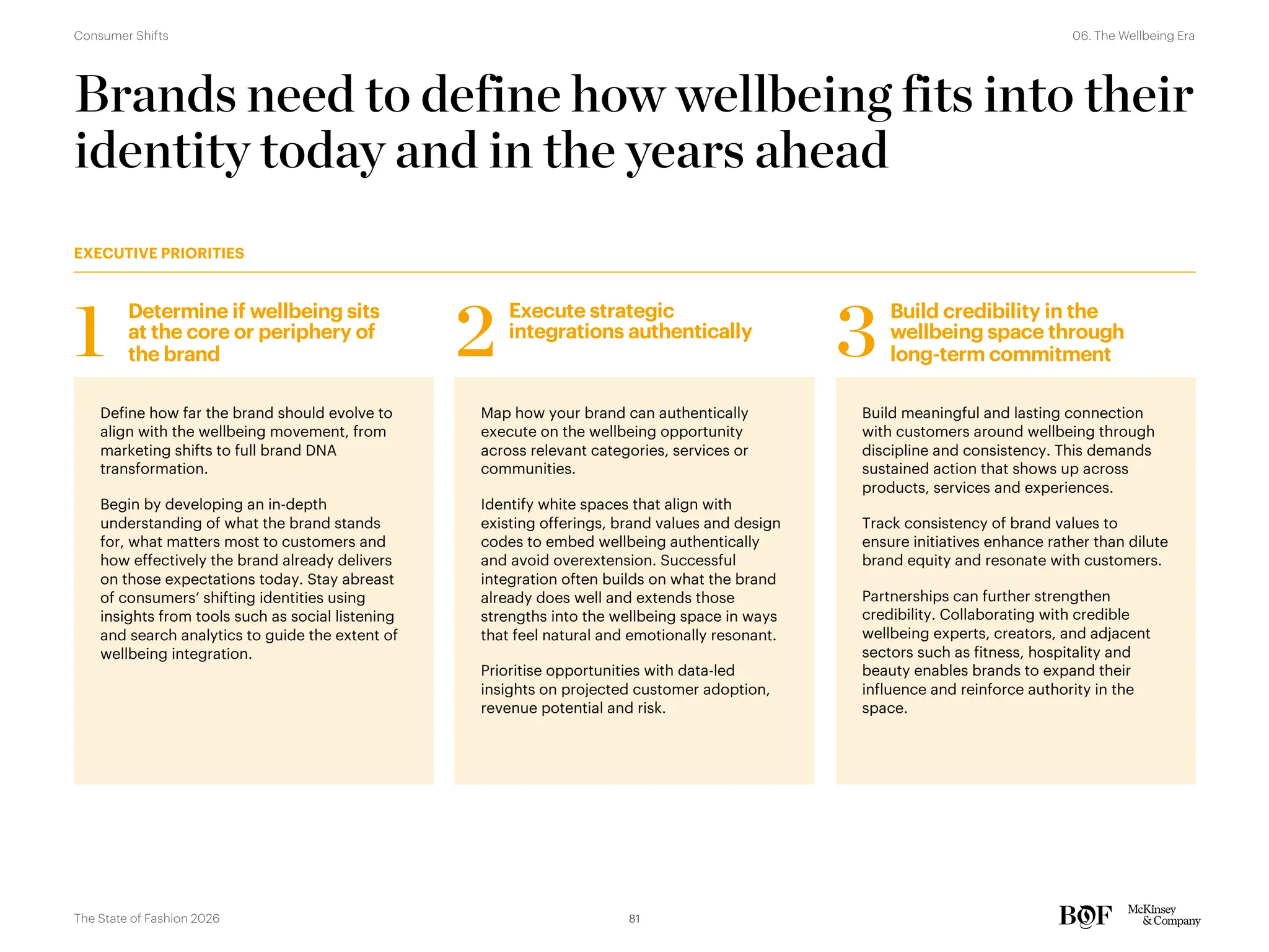 Brands need to define how wellbeing fits into their
identity today and in the years ahead
Define how far the brand should evolve to
align with the wellbeing movement, from
marketing shifts to full brand DNA
transformation.
Begin by developing an in-depth
understanding of what the brand stands
for, what matters most to customers and
how effectively the brand already delivers
on those expectations today. Stay abreast
of consumers’ shifting identities using
insights from tools such as social listening
and search analytics to guide the extent of
wellbeing integration.
Build meaningful and lasting connection
with customers around wellbeing through
discipline and consistency. This demands
sustained action that shows up across
products, services and experiences.
Track consistency of brand values to
ensure initiatives enhance rather than dilute
brand equity and resonate with customers.
Partnerships can further strengthen
credibility. Collaborating with credible
wellbeing experts, creators, and adjacent
sectors such as fitness, hospitality and
beauty enables brands to expand their
influence and reinforce authority in the
space.
Determine if wellbeing sits
at the core or periphery of
the brand
1
Build credibility in the
wellbeing space through
long-term commitment
3
EXECUTIVE PRIORITIES
Map how your brand can authentically
execute on the wellbeing opportunity
across relevant categories, services or
communities.
Identify white spaces that align with
existing offerings, brand values and design
codes to embed wellbeing authentically
and avoid overextension. Successful
integration often builds on what the brand
already does well and extends those
strengths into the wellbeing space in ways
that feel natural and emotionally resonant.
Prioritise opportunities with data-led
insights on projected customer adoption,
revenue potential and risk.
Execute strategic
integrations authentically
2
81
The State of Fashion 2026
06. The Wellbeing Era
Consumer Shifts
 