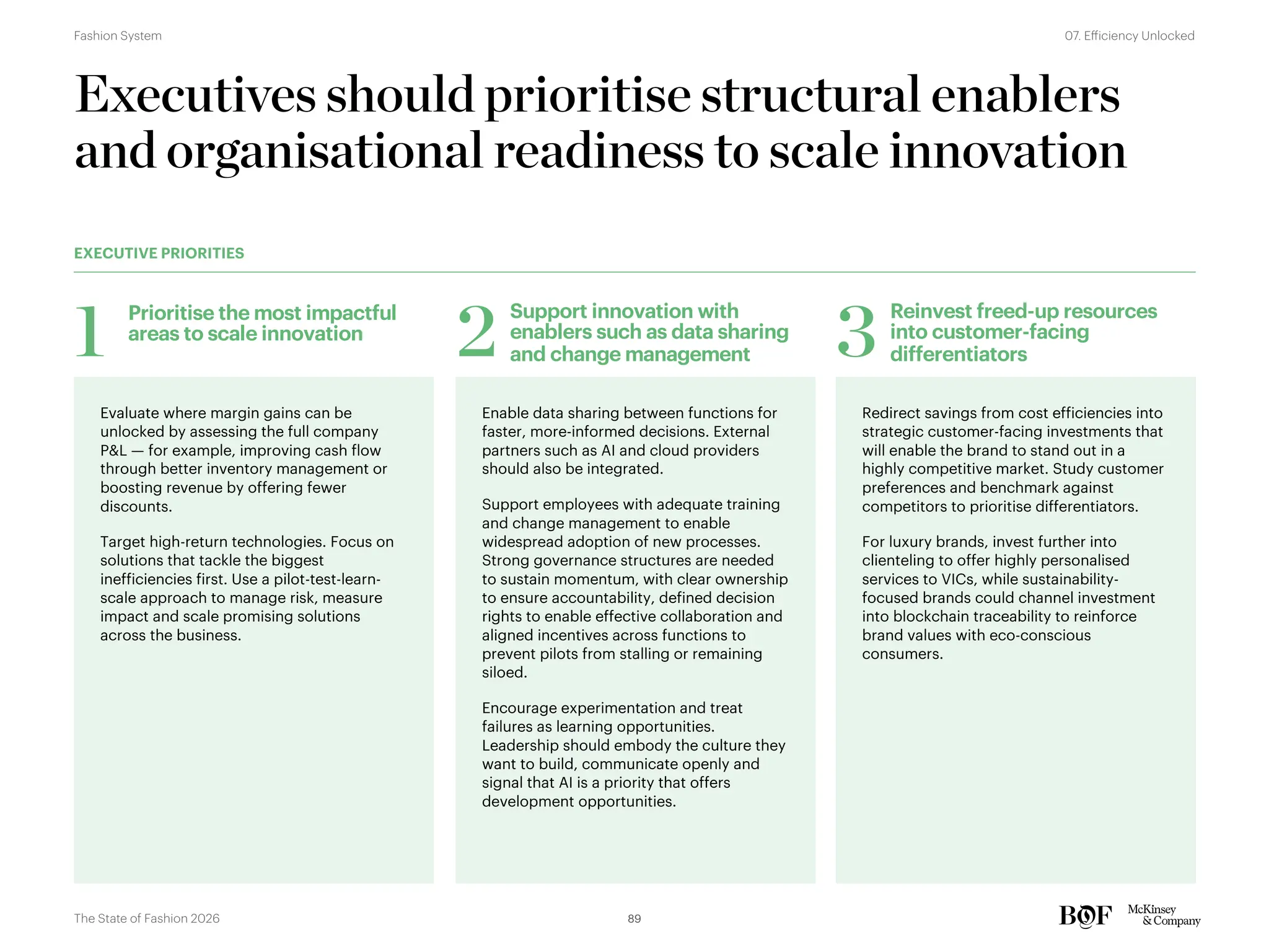 Evaluate where margin gains can be
unlocked by assessing the full company
P&L — for example, improving cash flow
through better inventory management or
boosting revenue by offering fewer
discounts.
Target high-return technologies. Focus on
solutions that tackle the biggest
inefficiencies first. Use a pilot-test-learn-
scale approach to manage risk, measure
impact and scale promising solutions
across the business.
Enable data sharing between functions for
faster, more-informed decisions. External
partners such as AI and cloud providers
should also be integrated.
Support employees with adequate training
and change management to enable
widespread adoption of new processes.
Strong governance structures are needed
to sustain momentum, with clear ownership
to ensure accountability, defined decision
rights to enable effective collaboration and
aligned incentives across functions to
prevent pilots from stalling or remaining
siloed.
Encourage experimentation and treat
failures as learning opportunities.
Leadership should embody the culture they
want to build, communicate openly and
signal that AI is a priority that offers
development opportunities.
Redirect savings from cost efficiencies into
strategic customer-facing investments that
will enable the brand to stand out in a
highly competitive market. Study customer
preferences and benchmark against
competitors to prioritise differentiators.
For luxury brands, invest further into
clienteling to offer highly personalised
services to VICs, while sustainability-
focused brands could channel investment
into blockchain traceability to reinforce
brand values with eco-conscious
consumers.
Executives should prioritise structural enablers
and organisational readiness to scale innovation
Prioritise the most impactful
areas to scale innovation
1
Support innovation with
enablers such as data sharing
and change management
2
Reinvest freed-up resources
into customer-facing
differentiators
3
EXECUTIVE PRIORITIES
89
The State of Fashion 2026
07. Efficiency Unlocked
Fashion System
 
