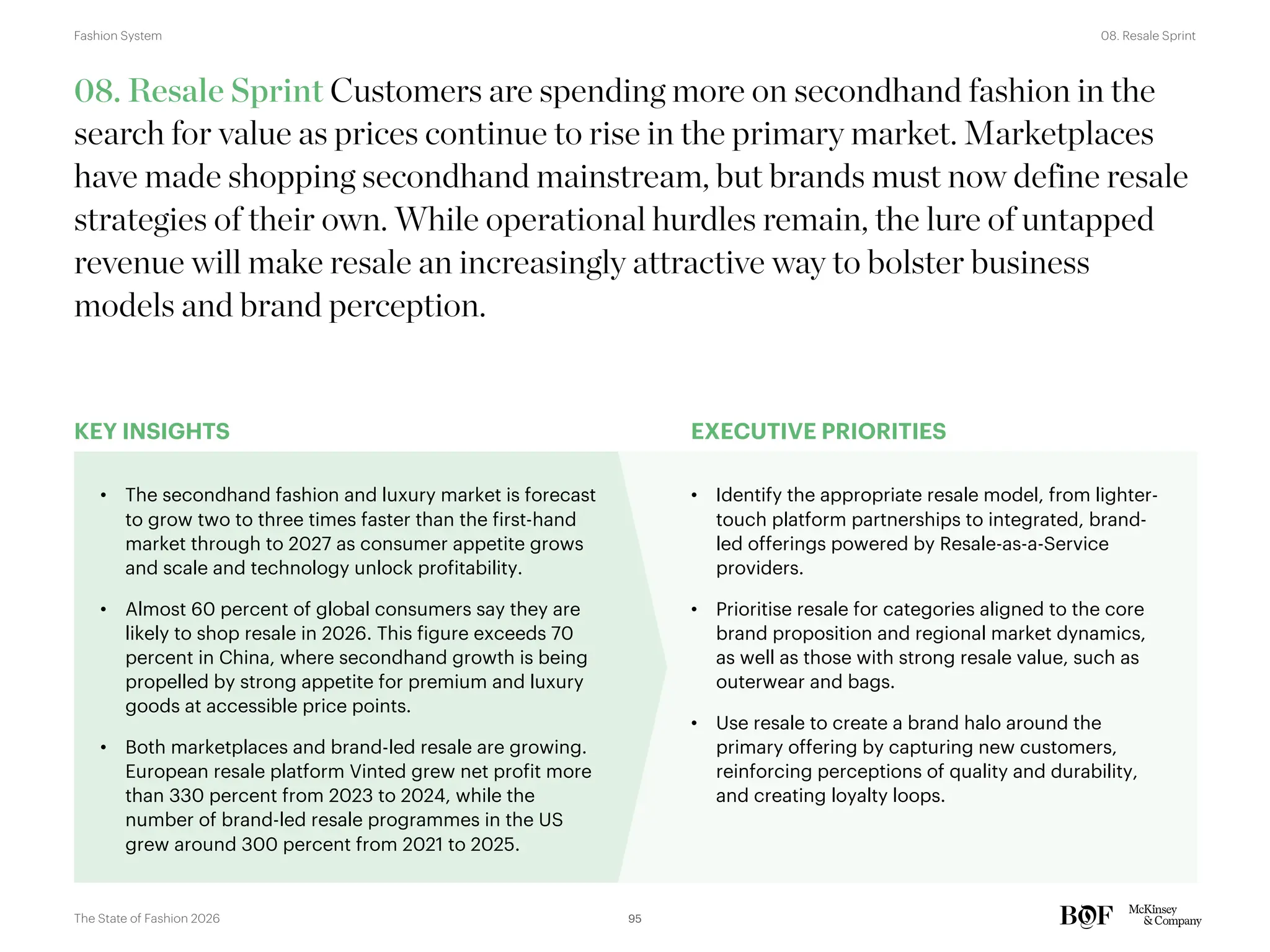 KEY INSIGHTS EXECUTIVE PRIORITIES
08. Resale Sprint Customers are spending more on secondhand fashion in the
search for value as prices continue to rise in the primary market. Marketplaces
have made shopping secondhand mainstream, but brands must now define resale
strategies of their own. While operational hurdles remain, the lure of untapped
revenue will make resale an increasingly attractive way to bolster business
models and brand perception.
• The secondhand fashion and luxury market is forecast
to grow two to three times faster than the first-hand
market through to 2027 as consumer appetite grows
and scale and technology unlock profitability.
• Almost 60 percent of global consumers say they are
likely to shop resale in 2026. This figure exceeds 70
percent in China, where secondhand growth is being
propelled by strong appetite for premium and luxury
goods at accessible price points.
• Both marketplaces and brand-led resale are growing.
European resale platform Vinted grew net profit more
than 330 percent from 2023 to 2024, while the
number of brand-led resale programmes in the US
grew around 300 percent from 2021 to 2025.
• Identify the appropriate resale model, from lighter-
touch platform partnerships to integrated, brand-
led offerings powered by Resale-as-a-Service
providers.
• Prioritise resale for categories aligned to the core
brand proposition and regional market dynamics,
as well as those with strong resale value, such as
outerwear and bags.
• Use resale to create a brand halo around the
primary offering by capturing new customers,
reinforcing perceptions of quality and durability,
and creating loyalty loops.
95
The State of Fashion 2026
08. Resale Sprint
Fashion System
 