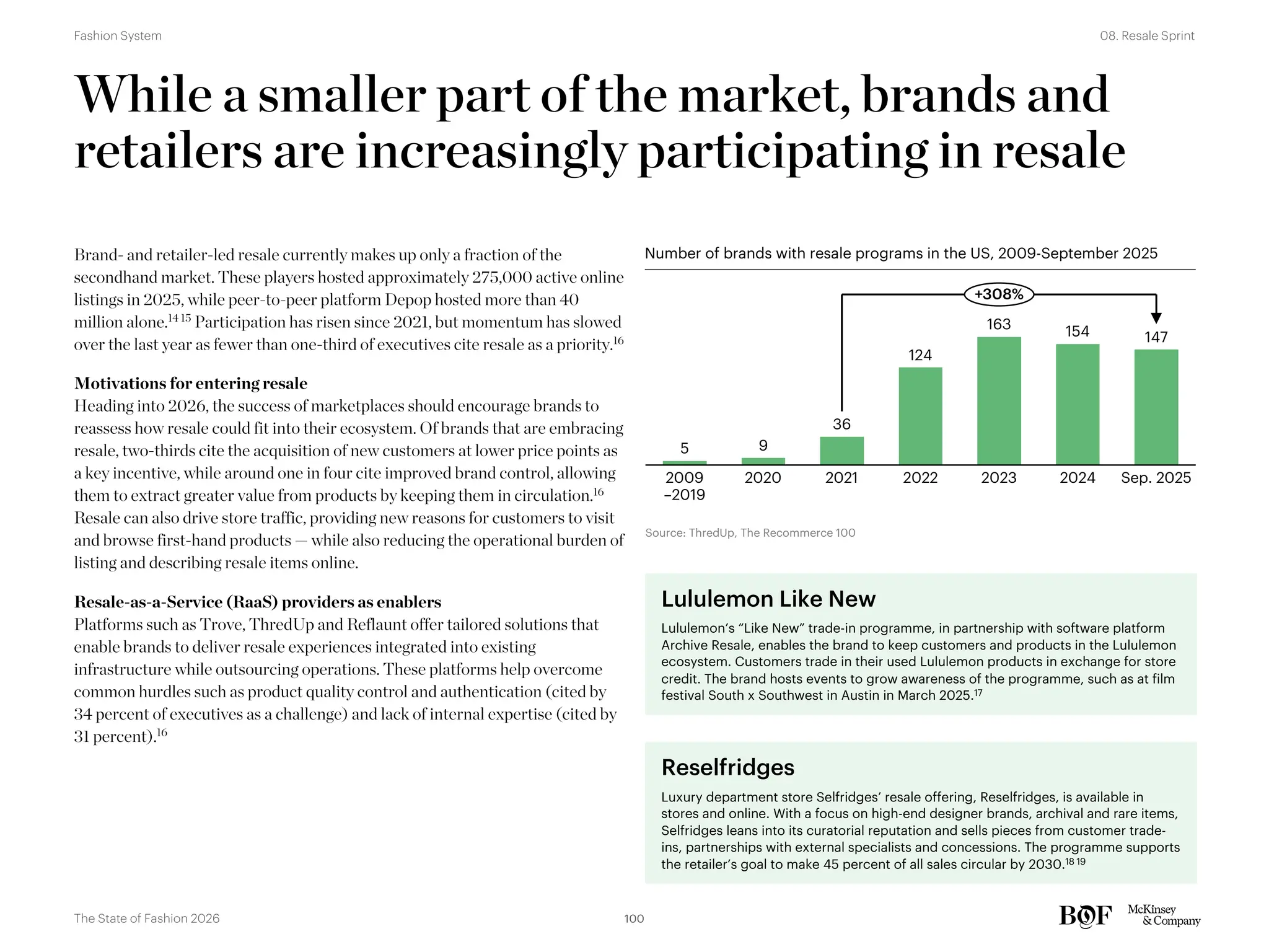 Reselfridges
Luxury department store Selfridges’ resale offering, Reselfridges, is available in
stores and online. With a focus on high-end designer brands, archival and rare items,
Selfridges leans into its curatorial reputation and sells pieces from customer trade-
ins, partnerships with external specialists and concessions. The programme supports
the retailer’s goal to make 45 percent of all sales circular by 2030.18 19
Lululemon Like New
Lululemon’s “Like New” trade-in programme, in partnership with software platform
Archive Resale, enables the brand to keep customers and products in the Lululemon
ecosystem. Customers trade in their used Lululemon products in exchange for store
credit. The brand hosts events to grow awareness of the programme, such as at film
festival South x Southwest in Austin in March 2025.17
While a smaller part of the market, brands and
retailers are increasingly participating in resale
Brand- and retailer-led resale currently makes up only a fraction of the
secondhand market. These players hosted approximately 275,000 active online
listings in 2025, while peer-to-peer platform Depop hosted more than 40
million alone.14 15
Participation has risen since 2021, but momentum has slowed
over the last year as fewer than one-third of executives cite resale as a priority.16
Motivations for entering resale
Heading into 2026, the success of marketplaces should encourage brands to
reassess how resale could fit into their ecosystem. Of brands that are embracing
resale, two-thirds cite the acquisition of new customers at lower price points as
a key incentive, while around one in four cite improved brand control, allowing
them to extract greater value from products by keeping them in circulation.16
Resale can also drive store traffic, providing new reasons for customers to visit
and browse first-hand products — while also reducing the operational burden of
listing and describing resale items online.
Resale-as-a-Service (RaaS) providers as enablers
Platforms such as Trove, ThredUp and Reflaunt offer tailored solutions that
enable brands to deliver resale experiences integrated into existing
infrastructure while outsourcing operations. These platforms help overcome
common hurdles such as product quality control and authentication (cited by
34 percent of executives as a challenge) and lack of internal expertise (cited by
31 percent).16
5 9
36
124
163 154 147
2023 2024
2009
–2019
Sep. 2025
2022
2021
2020
+308%
Number of brands with resale programs in the US, 2009-September 2025
Source: ThredUp, The Recommerce 100
100
The State of Fashion 2026
08. Resale Sprint
Fashion System
 
