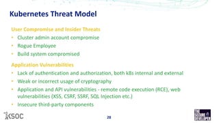 Kubernetes Threat Model
28
User Compromise and Insider Threats
• Cluster admin account compromise
• Rogue Employee
• Build system compromised
Application Vulnerabilities
• Lack of authentication and authorization, both k8s internal and external
• Weak or incorrect usage of cryptography
• Application and API vulnerabilities - remote code execution (RCE), web
vulnerabilities (XSS, CSRF, SSRF, SQL Injection etc.)
• Insecure third-party components
 