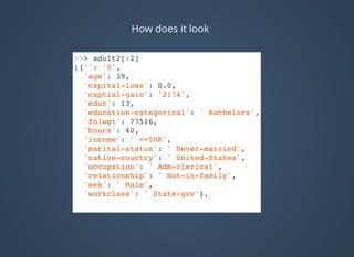 How does it look
>>> adult2[:2]
[{'': '0',
'age': 39,
'capital-loss': 0.0,
'captial-gain': '2174',
'educ': 13,
'education-categorical': ' Bachelors',
'fnlwgt': 77516,
'hours': 40,
'income': ' <=50K',
'marital-status': ' Never-married',
'native-country': ' United-States',
'occupation': ' Adm-clerical',
'relationship': ' Not-in-family',
'sex': ' Male',
'workclass': ' State-gov'},
 