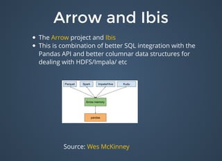 Arrow and IbisArrow and Ibis
The project and
This is combination of better SQL integration with the
Pandas API and better columnar data structures for
dealing with HDFS/Impala/ etc
Arrow Ibis
Source: Wes McKinney
 