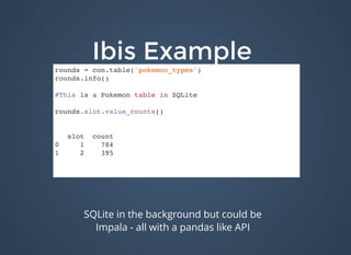 Ibis ExampleIbis Example
rounds = con.table('pokemon_types')
rounds.info()
#This is a Pokemon table in SQLite
rounds.slot.value_counts()
slot count
0 1 784
1 2 395
SQLite in the background but could be
Impala - all with a pandas like API
 