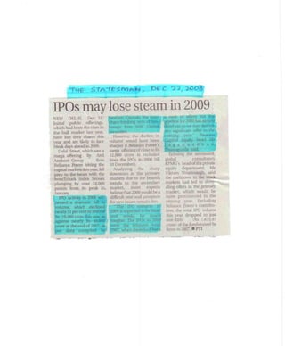 The Statesman Dec 22,2008 IPOs May Lose Steam In 2009
