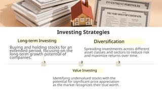 Investing Strategies
1
Long-term Investing
Buying and holding stocks for an
extended period, focusing on the
long-term growth potential of
companies.
2
Value Investing
Identifying undervalued stocks with the
potential for significant price appreciation
as the market recognizes their true worth.
3
Diversification
Spreading investments across different
asset classes and sectors to reduce risk
and maximize returns over time.
 