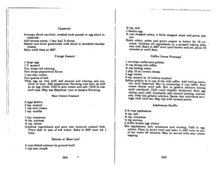 !
I I
, I
,
I
II
I,
---... ,- ,-
Casserole
Arrange sliced zucchini, crooked neck squash or egg plant in
cnsserole.
Add tomato puree, 1 bay leaf, 3 cloves.
Season and cover generously with sliced or shredded cheddar
cheese.
Bnke until done at 360°.
Frango Dessert
1lnrge egg
1 T. sucaryl
Few drops red coloring
Few drops peppermint flavor
1 cup sour cream
Few grains of salt.
Whip egg up very stiff, add sucaryl and coloring and con-
tinue to beat. Add peppermint flavoring and beat up stiff
as an egg white. Fold in sour cream and salt. Chill in cus-
tard cups. May use Mapeline, rum or banana flavoring.
Sour Cream Custard
3 eggs beaten
2 tsp. sucaryl
1 cup sour cream
1 tsp. vanilla
1 tsp. cinnamon
% tsp. nutmeg
'A tap. cloves
Combine ingredients and pour into buttered custard dish.
Place dish in pan of hot water. Bake in 300° oven for 1
hour.
Salmon or Meat Loaf
2 cups flaked salmon (or ground beeO
1 cup sour cream
........... __.... __~ ~-~-1 ~
.
_
. __ _ _._~.
'h tRp. Rnlt
1 beaten egg
~ cup chopped celery, a little chopped onion and green pep-
per.
Saute celery, onion and green pcpper In bullcr for 10 mi.
nutes. Combine all ingredients in a greased baking dish; .
mix well. Bake in 350° oven until brown and set, about 30
minutes or until done.
Coffee Creme Fromage I
1 envelope unflavored gelatin
% cup strong cold coffee
'h cup boiling water
1 pkg. (8 oz.) cream cheese
2 egg whites
2 tsp. sucaryl or 16 tablets crushcd.
Soften gelatin in 'A cup of the cold coffee. Add boiling waler,
stir until dissolved. Stir in remaining 'A cup coffee. Beat
cream cheese until soft. Stir in gelatin mixture mixing
until combined. Chill until slightly thickened. Bcnt egg
whites until stiff. Gradually add sucaryl beating continu-
ally. Fold Into gelatin mixture. Spoon into individual serv-
ings, chill until set. May top with canned peach.
Applesauce Soume
2-% cups applesauce
'A tsp. solt
'h tsp. cinnamon
'A tsp nutmeg
3 stimy benten egg whitcR
Mix applesauce, salt, cinnamon and nutmeg. Fold in egg
whites. Place in pyrex howl and hake in 350° oven in pan
of hot water 40 minutes. May he served with sour cream
topping.
262 ."
263
 