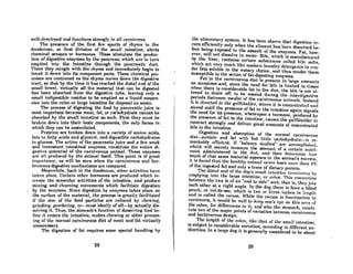 well-developed nnd functions strongly in nil carnivores.
The presence of the first few spurts of chyme in the
duodenum, or first division of the small intestine, alerts
chemical sensors or hormones. These stimulate the produc-
tion of digestive enzymes by the pancreas, which are in turn
emptied into the intestine through the pancreatic duct.
There they mingle with the chyme and immediately begin to
break it down into its component parts. These chemical pro-
cesses are continued 08 the chyme moves down the digestive
tract, so that by the time it has reached the distal end of the
sma)) bowel, virtually all the material that can be digested
has been absorbed from the digestive tube, leaving only a
Rmnll indiRestible residue to be emptied as a liquid suspen-
sion into the colon or large intestine for disposal as woste.
The process of digesting the food by pancreatic juice is
most important because meat, fat, or carbohydrate cannot be
nbl'lorbed by the smoll intestine as Buch. First they mUflt be
broken down into their bRSic components, the only forms in
which they can be assimilated.
Proteins are broken down into a variety of amino acids,
fnt.s to fntty ncidR nnd glycerol, and digestible carbohydrate8
to glucose. The action of the pancreatic juice and a few weak
and inconstant intestinal enzyme8, constitute the entire di-
gestive potential of the carnivorous animal. These enzymes
nre nil produced by the animal itself. This point is of great
import.ance, ns will be Rcen when tho carnivorous and her-
bivorous digestive mechanism8 are compared.
Meanwhile, back in the duodenum, other activities have
tnkcn plnce. Certain other hormone8 are produced which in-
crease the muscular activities of the intestine, and produce
mixing and churning movements which facilitate digestion
by the enzymes. Since dige8tion by enzymes takes place on
the surfnce of the material, the process is greatly facilitated
if t.he size of the food particles are reduced by chewing,
grinding, powdering, or-most ideally of all-by actually dis-
solving it. Thus, the stomach's function of dissolving food be-
fore it ent.erB the intestine, makes chewing or other process-
in~ of the normal carnivorous diet of ment nnd fat virtually
unnecessary.
The digestion of fat requires some special handling by
28
the alimentary sYfltem. It has heen Ahown that digcstion oc-
curs efficiently only when the aliment has been dissolved be-
fore being exposed to the assault of the enzymes. Fat, how-
ever, will not dissolve in water. Bile, which is manufactured
by the liver, contninscertnin subfltnnces cnlled hile saltA,
which act very much like modern Inundry detergcntfl to ren-
der fats soluble in the watery chyme, and thus render them
susceptible to the action of fat-digesting enzymes.
Fat in the carnivorous diet if! present in large amounts
on occasions and, since the need for bile is limited to timcs
when there is considerable fat in the diet, the bile is not al-
lowed to drain ofT, to be wasted during the interdigestive
periods (between meals) of the carnivoroufl animnls. Instend
it if! diverted to the gnllblndd(~r, wh('re it iA concent.rntcd nlld
stored until the presence of fat in the intestine again signals
the need for its presence, whereupon a hormone, produced by
the presence of fat in the intefltine, caUACS the gallhladder to
contrnct strongly and deliver great amounts of concentrated
bile to the intestine.
Digestion and absorption of the normal carnivorous
diet-protein and fat with hut little carbohydrate-ill re-
markably efficient If "balance fltudies" nrc accmnplished,
which will merely measure the amount of a certnin nutri-
ment administered in the diet, and then determine how
much of that same material appears in the animal's excreta,
it. if! fOllnd l.hnl. I.he henll.hy nnim,,1 IHW('r hIA('A mill'(' thnn '1%
of the ingested fat and only R trace of dietary protein.
The distal end of the dog's smnll intC!~tine terminates by
emptying into the large intesline, or colon. ThiR connection
betwcen the two is of nn "end to side" sort; that is, they join
each other at a right angle. In the dog there is here a blind
pouch, or cul.de-sac, which is two or three inchcs in length
and is called the cecum. While the cecum is functionless in
cnrnivores, it would be well to keep one's eye on thiR nren of
the colon, for differences in it, and also the stomach, consti-
tute two of the mojor points of variation between carnivorous
and herbivorous design.
The len~th of the colon, like thnt of the Rmnll intr.AI.ine,
i8 subject to considerable variation, according to different au-
thorities. In a large dog it is generally considered to be about
29
 
