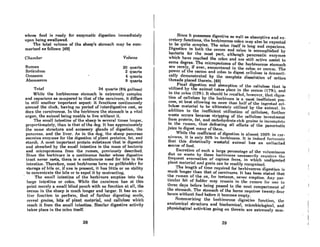 whose food is ready for enzymatic digestion immediately
upon being swallowed.
The total volume of the sheep's stomach may be sum-
marized as follows: (49)
Total 34 quartR (81h RRllons)
While the herbivorous stomach is extremely complex
and capacious as compared to that of the carnivore, it differs
in still another important aspect: it functions continuously
around the clock, having no period of interdigestive rest, as
does the carnivorous. In the herbivore the stomach is a vital
organ, the animal being unable to live without it.
The small intestine of the sheep is several times longer,
proportionately, than is that of the dog. It has approximately
the same structure and accessory glands of digestion, the
pancreas. and the liver. As in the dog, the sheep pancreas
secretes enzymes for the digestion of plant proteins, fat, and
storch. A most important protein substance that is digested
and absorbed by the small intestine is the moss of bacterin
and microprotozoa from the rumen, previously described.
Since the herbivore is a continuous feeder whose diReslive
tract never restR, there iR a continuous need for bile in the
intestine. Therefore, most herbivores have no gallbladder for
storage of bile or, if one is present, it has little or no ability
to concentrate the bile or to expel it by contracting.
The smnll intestine of the herbivore empties into the
Inrge intesline or colon. While the carnivore has at this
point merely a small blind pouch with no function at an, the
cecum in the sheep is much longer and larger. It has an ac-
t.iv(' funcUon to perform, thnt of further diRestinR seeds,
(,(,fral "rnins, hils of plnnt mnlerinl, nnd ccllulosc which
reach it from the small intestine. Similar digestive activity
takes place in the colon itself.
Chamber
Rumen
Reticulum
Omasum
Abomasum
Volume
20 quarts
2 qunrts
4 quarts
8 quarts
Since it possesses digestive as well 08 absorptive and ex-
cretory functions, the herbivorous colon may also be expected
to be quite complex. The colon if1lelf is long and capacious.
Digestion in both the cecum and colon is accomplished by
bacteria for the most part, althouRh pancreatic enzymes
which have reached the colon and are still active assist to
some degree. The microprotozoa of the herbivorous stomach
are rarely, if ever, encountered in the colon or cecum. The
power of the cecum and colon to diRest ccllulOlm is dramati-
cally demonstrated by the complete dissolution of colton
threads placed therein. [(9)
Final digestion and absorption of the cellulose that is
utilized by the animal takes place in the cecum (17%), nnd
in the collin 03%). It should hn recalled, however, thnt dig(!s-
lion of cellulose by the herbivore is a most inefficient pro-
cess, at best allowing no more than half of the ingested cel-
lulose material to be ultimately utilized by the animal. In
addition to the inefficient utili1.Otion of cellulose, further
waste occurs because stripping of the cellulose investment
from protein, fat, and carbohydrate-rich grains is incomplete
in the rumen, thus defeating all efforts of the pancreatic
juice to digest many of them.
While the coefficient of digestion is almost 100% in car-
nivores, it is only 50% in herbivores. It if! indeed fot"tunal.e
that this dietetically wasteful animal has an unlimited
source of food.
Excretion of such a large percentage of the voluminous
diet as wastc by thesc herhivorc!! ncceRsal'i1y requi'"('R l.he
frequent evacuation of copiou8 feces, in which undigested
plnnt mnterial Rnd grnin cnn he readily rccol{nized.
'fhe length of time required for herbivorous digestion is
much longer than that ()f carnivores. It has been stated that
the rumen of the ox, for instance, never empties. Any par-
ticulnr hit of fodder may remain in the rumnn for one to
three days before being passed to the next compartment of
the stomach. The stomach of the horse requires twenty-four
hours without food before it becomes empty.
Rummnri7.in" lhe herhivorouA dil(C!HtiVf! function, the
analomical structure and biochemical, microbiologicnl, and
physioloRical activities going on therein are extremely com-
38 39
 