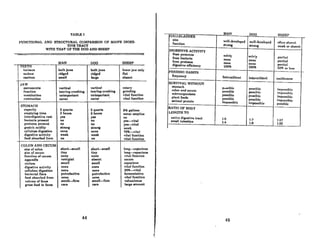 45
MAN
- -- -- . ~vu
on~r.J·
GAI,J.(JI,ADDF.R
917.0
wr.lI.dr.velnped well.,levelnlled on.roll ''''/IN,I.
funcUon strong Itrong weak or nbsent
DIGESTIVE ACTIVITY
from pnnercn" IIolroly Mll'ly pnrlinl
from bncterla nono none pnrtinl
from protozoa none none portinl
digestive emclency 100% 100% 00% or 11'1111
-
FJi:F.D1NO IIAJJlTR
fre'lllcncy Intermlllr.nt Intermltlcnt eonUnuous
.
SURVIVAL WITHOUT
lItomach Jlutlllihie pnR....ible impo!l!lihll'
colon nnd cecum pn!lllible POR.'lihle impoRllihic
miernnrRnnillms pnMihlo JlORRihle impoRRihlc
plnnt foods pollRible pns.'lible impollllibic
animal protein impoRRible Impossible pOllsible
.
RATIO OF BODY
LENGTIITO
entire digestive tract 1:6 1:7 1:27
small Intelltlne 1:4 1:6 1:26
TAOLE I
FUNCTiONAL AND STRUCTURAL COMPARISON OF MAN'S DlGES-
TIVETRACT
WITH THAT OF TilE 000 AND SHEEP
MAN 000 SHEEP
TEETH
illrilWlrll hnl.hjnwll hnlhjnwII lower jnw only
molnrA rldgcd ridged not
canines Imall large absent
JAW
movemcnl.8 vertical vertical rotary
fUllrtion tenrlng-crul.lhlng teAring-crushing grinding
mn.'lticntion unimportant unimportant vital funclion
rumination never never vital function
STOMACH
cnpacity 2 quarl.8 2 quarl.8 8~ gallons
emptying time 3 hours 3 hours never empties
interdigelltive relt yell yeB no
bncterla prellent no no yell-vital
prnlm:nn prelll'nt no no yCA-vitnl
gnlllric ncldity Itrong Itrong weak
cellulose digestion none none 70'J>-vitol
digestive activity weak weak vilal function
food absorbed from no no vilal function
COLON ANn CF.CUM
size nf colon Ihort-emall Ihort-amall long~npacious
Si7A! of cecum tiny tiny long~apacious
function of cecum none none vital fundion
nppendlx velltiRial absent cecum
rl'rlum IImnll Ilmnll cnpncio.1l
digel.ltive activity none none vitnl funcUon
cellulORc dlgeRtion nnne none 30'J>-vitnl
bncterial nora putrefactive putrefactive fermentative
fond nbllOrhl'd from none none vital function
volume of feccII IImnll-firm Ilmall-firm volumlnou"
gro89 food In feces rare rare large amount
44
,
 