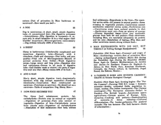 eaters-Diet of primates-Is Man herbivore or
carnivore?-How would you OOt7-
Dog is carnivorous--A short, small, simple digestive
tube-A concentrated diet-His digestive processes
-Intermittency-Why digestion i8 neceSSAry-it oc-
curs only in small intestine-It is a vilal organ-Gall
bladder important-Microorganisms unnecessary
-Dog utilizes virtually 100% of his food-
Man's short, simple digestive tract-Anatomically
identical with dog (except appendix)-Functions
identically-Conclusion: Man constructed as
carnivore-Functions as carnivore-He should eat as a
carnivore-Table of comparison: Dog, Sheep, Man"':'"
The three food substances: protein, fat,
carbohydrate-Protein may be animal or vegetable
-DiRcRtion of proteins-FatR nlRo animnl or
vegetable-Digestion of fats-Carbohydrate comes
from plants only-Digestion of carbohydrates
-Absorption of food substances-How body utilizes
Sheep is herbivorous--Unbelievably complicated and
capacious digestive tube-Stomach with 4
chomOOrs--Cuds and chemurgy-Diet bulky and poor
quality-Vital role of Microorganisms--Miracle of
animal proteins from fodder-Weak digestive
juices-Large cecum and long colon-Digestion slow
and continuous-Occurs in all parts of digestive
tube-Gall bladder weak or absent-All parts of diges-
tive tract are vital-Sheep wastes 60% of its food-
<1 A DOG
5 ASHEEP
6 ANDAMAN
7 HOW FOOD BECOMES YOU
26
33
41
47
food substances-Resynthesis in the liver-The essen-
tial amino acids-All present in animal protein-Some
missing in vegetable protein-Carnivores cannot
syntheAi7.e ell8entinl Amino ocids-Herhlvorcs cnn
-Carnivores m!st have nnltnnl I)rotein in diet
-Herbivores need not-Fats ns source of energy
-Glucose dependent tissue-:-Livcr mny synlhcsi7.c
glucose from both fat and protein-Thus carnivores,
including Man, nrc nourilthcd ndcfluntcly on protein
and fat only-Metabolism of fasting-Why Man and
other carnivores remain strong wilhout food-
8 MAN EXPERIMENTS WITH illS DIET, BUT
TIMIDLY (A Trifling Ecologic Rea<ljustment) 55
Paleolithic (Old Stone Age)-Proconsul nnd origin of
Man-ArchaeoloRY revenls diet of primitive Mon
-Dating archaeological artifacts-Man's diet during
the Paleolithic Age-During the Mesolithic (Middle
Stone Agel-In Eastern Mediterranean-In Jericho
and Jarmo-In Southern France-In England-In
Mrica-In New World, Peru, American Southwest,
Colorado, the Folsom culture, in California, Puget
Sound, the Eskimo, Mexico-
9 A FARMER IS BORN AND INVENTS CARBOHY-
ORATE (A Greater Ecological Change) 69
Neolithic (New Stone Age), farming begins-The "Fer-
tile Crescent"-Farming 7000 B.C. (crops + domestic
animals)-Aridity, exhausted fields, population in-
crease, exodus-The Indian immigrants--The Chinese
contingent-The European entrantfl-Safari to
Sweden-The British branch-Americans spurn
agriculture-Unique grains of Europe, Asia,
America-Cooking and pottery-Domestication
of animnls-A dairy industry-Cultural
differentiation-The .hunler-gatherers-The l>nRl.ornl
nomads--The hoe farmers-The field farmers-Dnwn
of urbanization-
viii ix
 