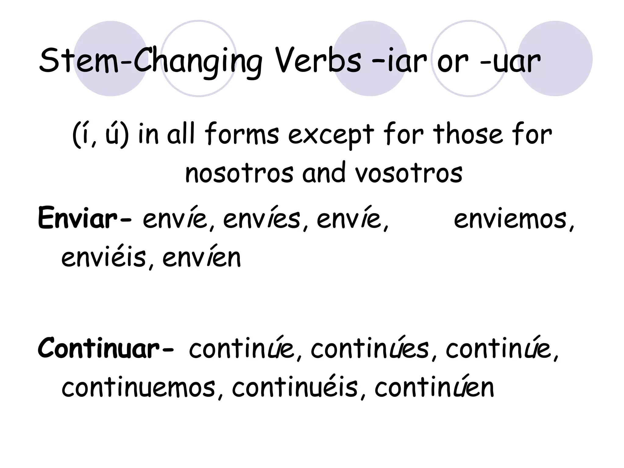 Stem-Changing Verbs –iar or -uar (í, ú) in all forms except for those for nosotros and vosotros Enviar-  env í e, env í es, env í e,  enviemos, enviéis, env í en Continuar-  contin ú e, contin ú es, contin ú e, continuemos, continuéis, contin ú en 