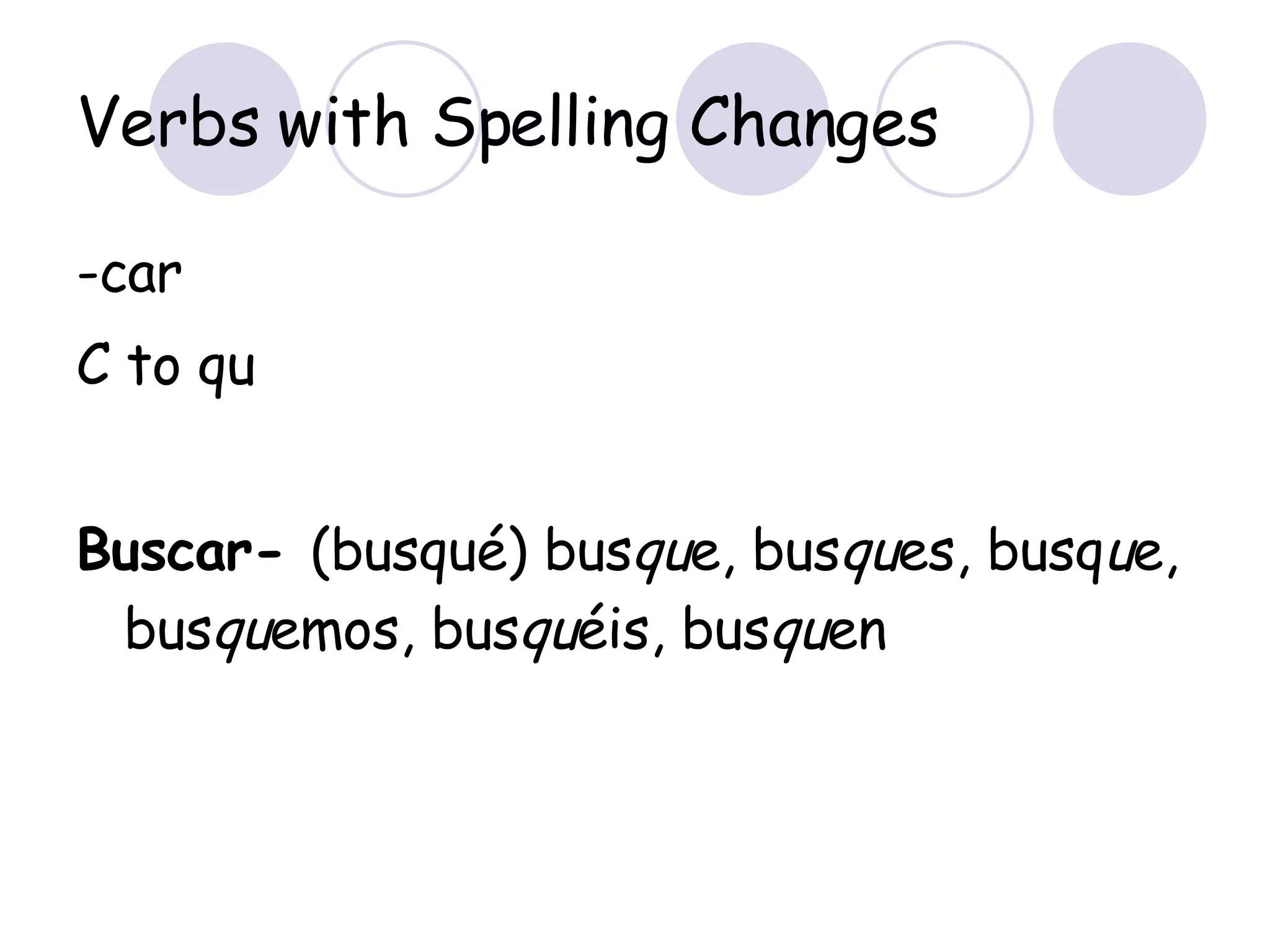 Verbs with Spelling Changes -car  C to qu Buscar-  (busqué) bus qu e, bus qu es, busq u e, bus qu emos, bus qu éis, bus qu en 
