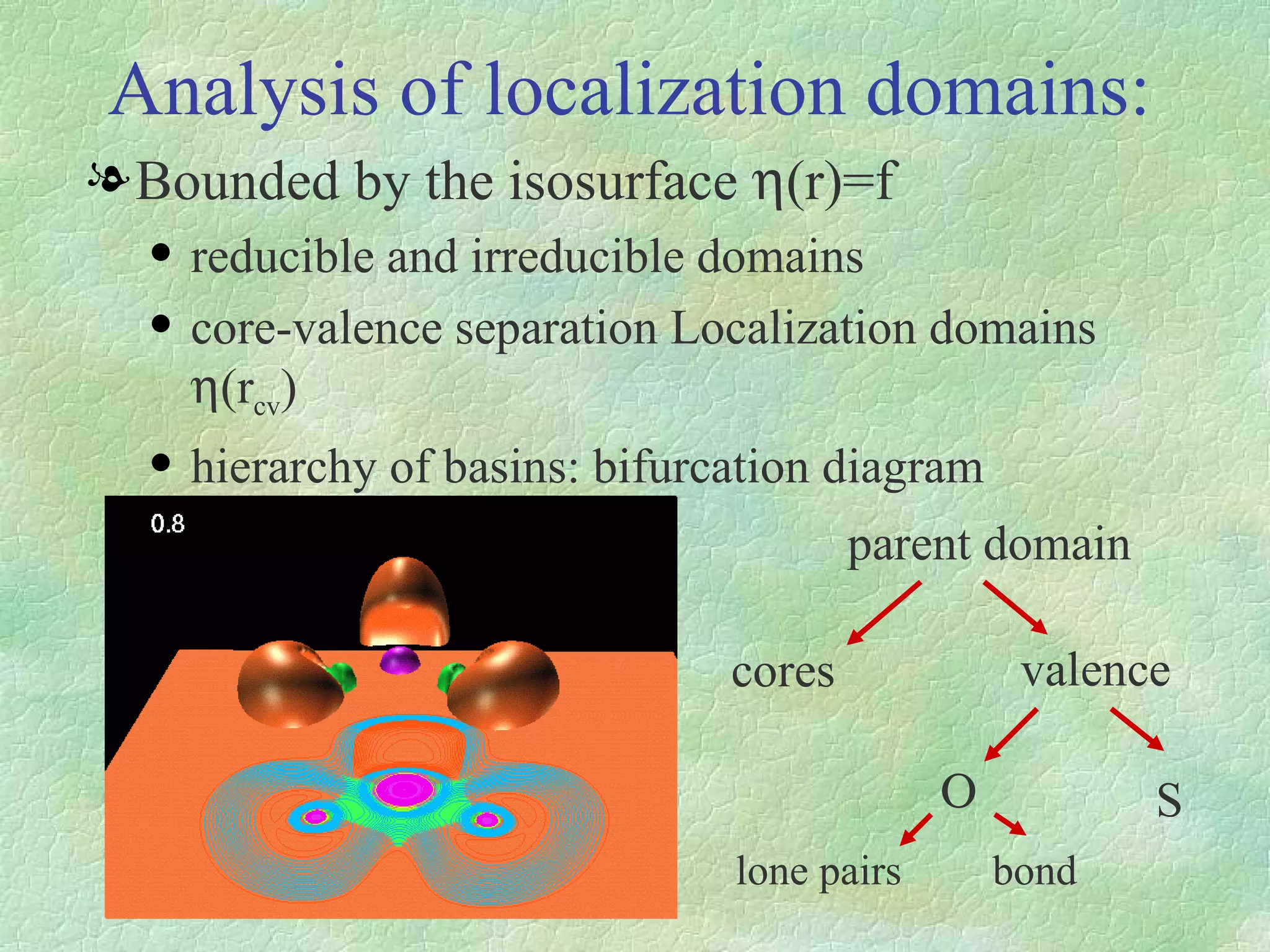 Analysis of localization domains : Bounded by the isosurface   (r)=f  reducible and irreducible domains core-valence separation Localization domains   (r cv ) hierarchy of basins: bifurcation diagram parent  domain cores valence S  lone   pairs bond 