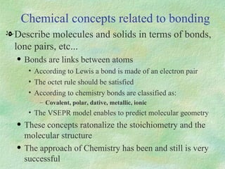 Chemical concepts related to bonding Describe molecules and solids in terms of bonds, lone pairs, etc... Bonds are links between atoms According to Lewis a bond is made of an electron pair The octet rule should be satisfied  According to chemistry bonds are classified as:  Covalent, polar, dative, metallic, ionic The VSEPR model enables to predict molecular geometry These concepts ratonalize the stoichiometry and the molecular structure The approach of Chemistry has been and still is very successful 
