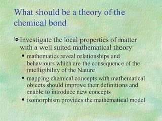 What should be a theory of the chemical bond Investigate the local properties of matter with a well suited mathematical theory mathematics reveal relationships and behaviours which are the consequence of the intelligibility of the Nature mapping chemical concepts with mathematical objects should improve their definitions and enable to introduce new concepts isomorphism provides the mathematical model 