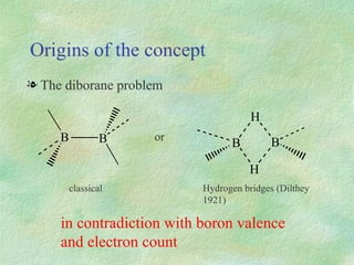 Origins of the concept The diborane problem or classical Hydrogen bridges (Dilthey 1921) in contradiction with boron valence and electron count 