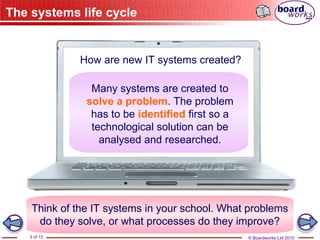 © Boardworks Ltd 2010
3 of 15
The systems life cycle
How are new IT systems created?
Many systems are created to
solve a problem. The problem
has to be identified first so a
technological solution can be
analysed and researched.
Think of the IT systems in your school. What problems
do they solve, or what processes do they improve?
 