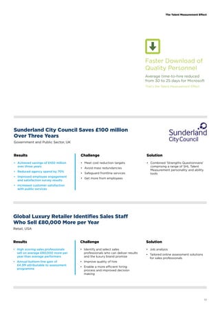 The Talent Measurement Effect 
Faster Download of 
Quality Personnel 
Average time-to-hire reduced 
from 30 to 25 days for Microsoft 
That’s the Talent Measurement Effect 
13 
Sunderland City Council Saves £100 million 
Over Three Years 
Government and Public Sector, UK 
Results Challenge Solution 
• Achieved savings of £100 million 
• Meet cost reduction targets 
over three years 
• Avoid mass redundancies 
• Reduced agency spend by 70% 
• Safeguard frontline services 
• Improved employee engagement 
• Get more from employees 
and satisfaction survey results 
• Increased customer satisfaction 
with public services 
• Combined ‘Strengths Questionnaire’ 
comprising a range of SHL Talent 
Measurement personality and ability 
tools 
Global Luxury Retailer Identifies Sales Staff 
Who Sell £80,000 More per Year 
Retail, USA 
Results Challenge Solution 
• High scoring sales professionals 
• Identify and select sales 
sell on average £80,000 more per 
professionals who can deliver results 
year than average performers 
and the luxury brand promise 
• Annual bottom-line gain of 
• Improve quality of hire 
£4.3M attributable to assessment 
• Enable a more efficient hiring 
programme 
process and improved decision 
making 
• Job analysis 
• Tailored online assessment solutions 
for sales professionals 
 
