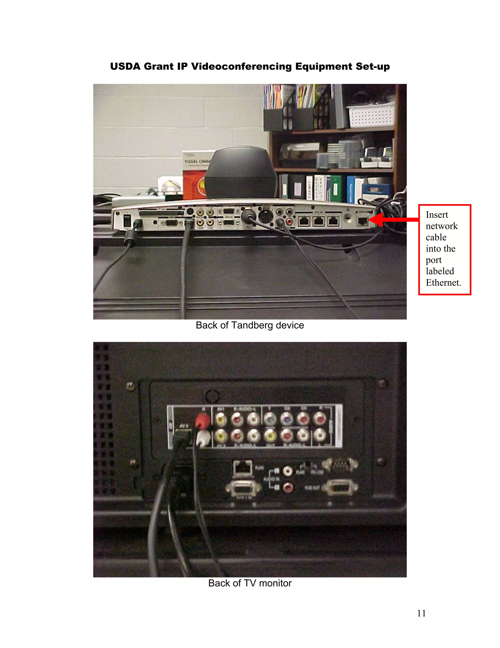 USDA Grant IP Videoconferencing Equipment Set-up




                                                    Insert
                                                    network
                                                    cable
                                                    into the
                                                    port
                                                    labeled
                                                    Ethernet.



              Back of Tandberg device




                Back of TV monitor


                                                   11
 