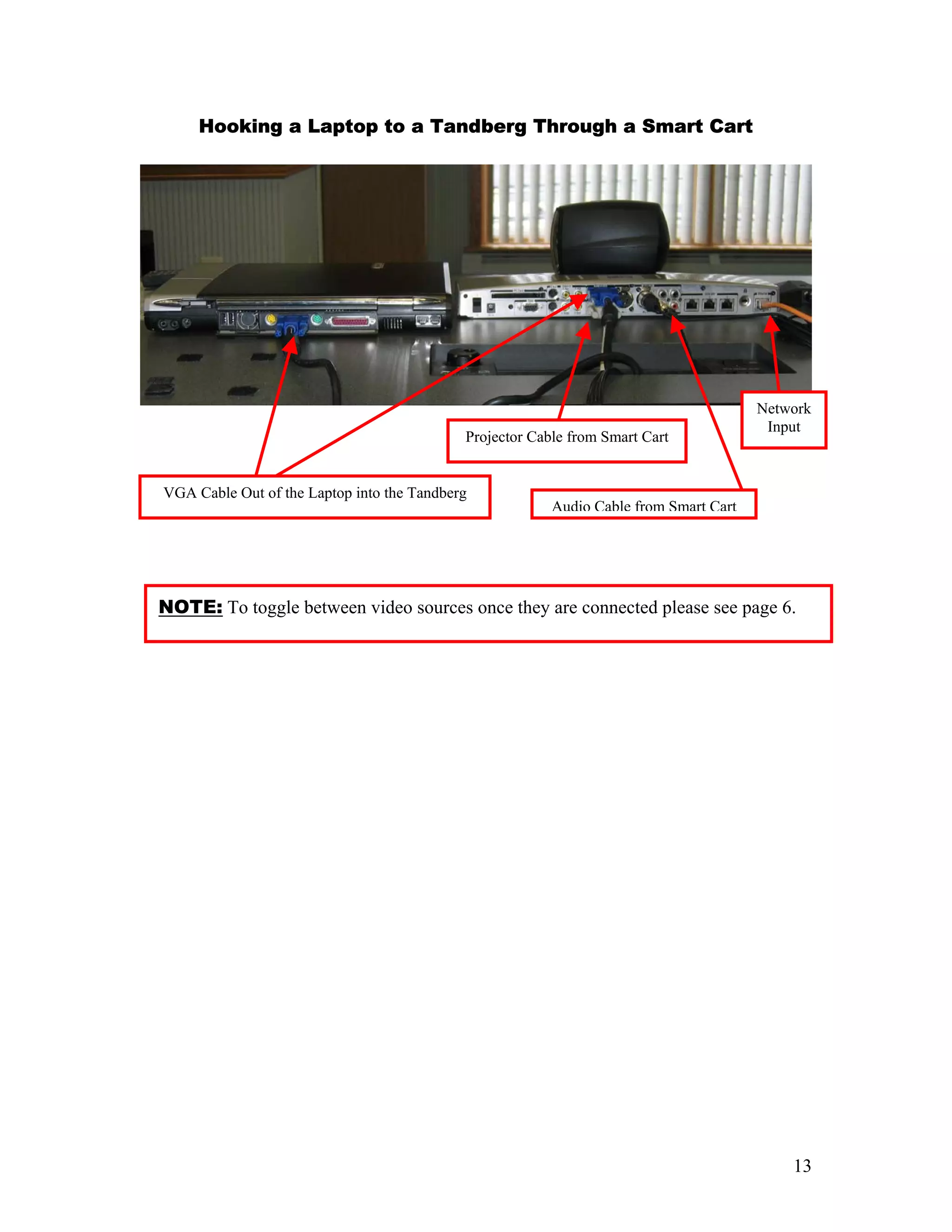 Hooking a Laptop to a Tandberg Through a Smart Cart




                                                                                       Network
                                                                                        Input
                                            Projector Cable from Smart Cart


VGA Cable Out of the Laptop into the Tandberg
                                                         Audio Cable from Smart Cart




NOTE: To toggle between video sources once they are connected please see page 6.




                                                                                           13
 