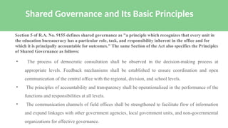 • The process of democratic consultation shall be observed in the decision-making process at
appropriate levels. Feedback mechanisms shall be established to ensure coordination and open
communication of the central office with the regional, division, and school levels.
• The principles of accountability and transparency shall be operationalized in the performance of the
functions and responsibilities at all levels.
• The communication channels of field offices shall be strengthened to facilitate flow of information
and expand linkages with other government agencies, local government units, and non-governmental
organizations for effective governance.
Shared Governance and Its Basic Principles
Section 5 of R.A. No. 9155 defines shared governance as "a principle which recognizes that every unit in
the education bureaucracy has a particular role, task, and responsibility inherent in the office and for
which it is principally accountable for outcomes." The same Section of the Act also specifies the Principles
of Shared Governance as follows:
 