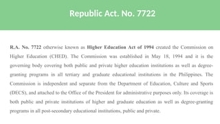 R.A. No. 7722 otherwise known as Higher Education Act of 1994 created the Commission on
Higher Education (CHED). The Commission was established in May 18, 1994 and it is the
governing body covering both public and private higher education institutions as well as degree-
granting programs in all tertiary and graduate educational institutions in the Philippines. The
Commission is independent and separate from the Department of Education, Culture and Sports
(DECS), and attached to the Office of the President for administrative purposes only. Its coverage is
both public and private institutions of higher and graduate education as well as degree-granting
programs in all post-secondary educational institutions, public and private.
Republic Act. No. 7722
 