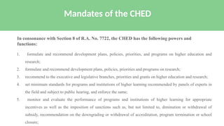1. formulate and recommend development plans, policies, priorities, and programs on higher education and
research;
2. formulate and recommend development plans, policies, priorities and programs on research;
3. recommend to the executive and legislative branches, priorities and grants on higher education and research;
4. set minimum standards for programs and institutions of higher learning recommended by panels of experts in
the field and subject to public hearing, and enforce the same;
5. monitor and evaluate the performance of programs and institutions of higher learning for appropriate
incentives as well as the imposition of sanctions such as, but not limited to, diminution or withdrawal of
subsidy, recommendation on the downgrading or withdrawal of accreditation, program termination or school
closure;
Mandates of the CHED
In consonance with Section 8 of R.A. No. 7722, the CHED has the following powers and
functions:
 