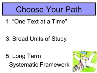 Choose Your Path “ One Text at a Time”  Broad Units of Study Long Term  Systematic Framework 