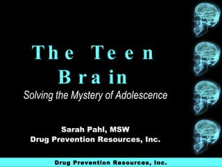 The Teen Brain Solving the Mystery of Adolescence Sarah Pahl, MSW Drug Prevention Resources, Inc. Drug Prevention Resources, Inc. 