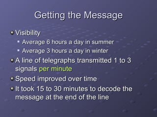 Getting the Message Visibility Average 6 hours a day in summer Average 3 hours a day in winter A line of telegraphs transmitted 1 to 3 signals  per minute Speed improved over time It took 15 to 30 minutes to decode the message at the end of the line 