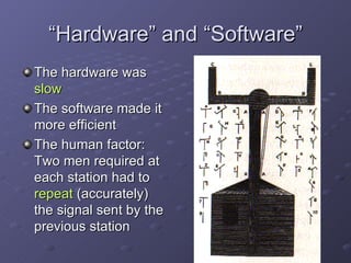 “Hardware” and “Software” The hardware was  slow   The software made it more efficient The human factor: Two men required at each station had to  repeat  (accurately) the signal sent by the previous station 