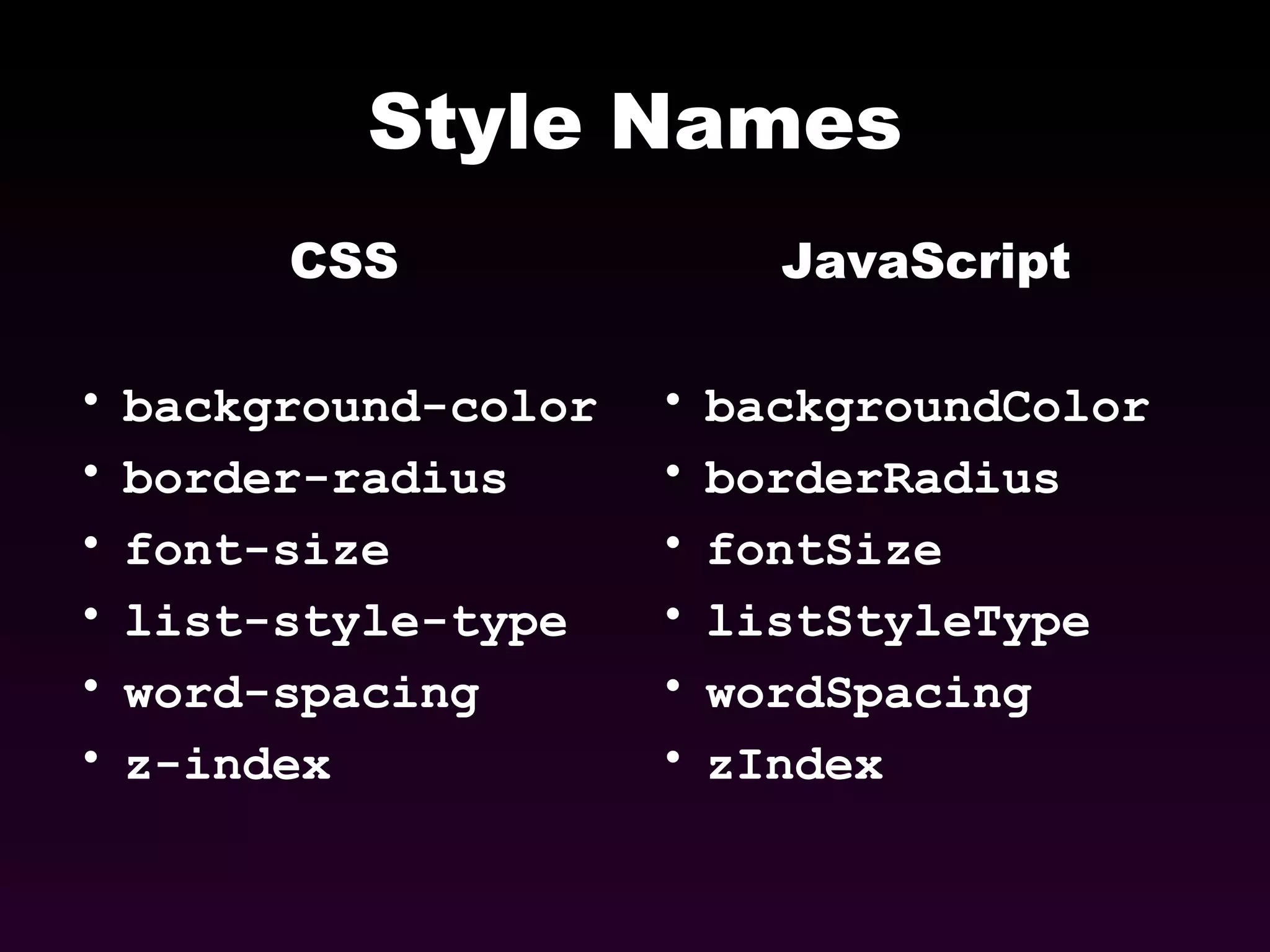 Style Names CSS background-color border-radius font-size list-style-type word-spacing z-index JavaScript backgroundColor borderRadius fontSize listStyleType wordSpacing zIndex 