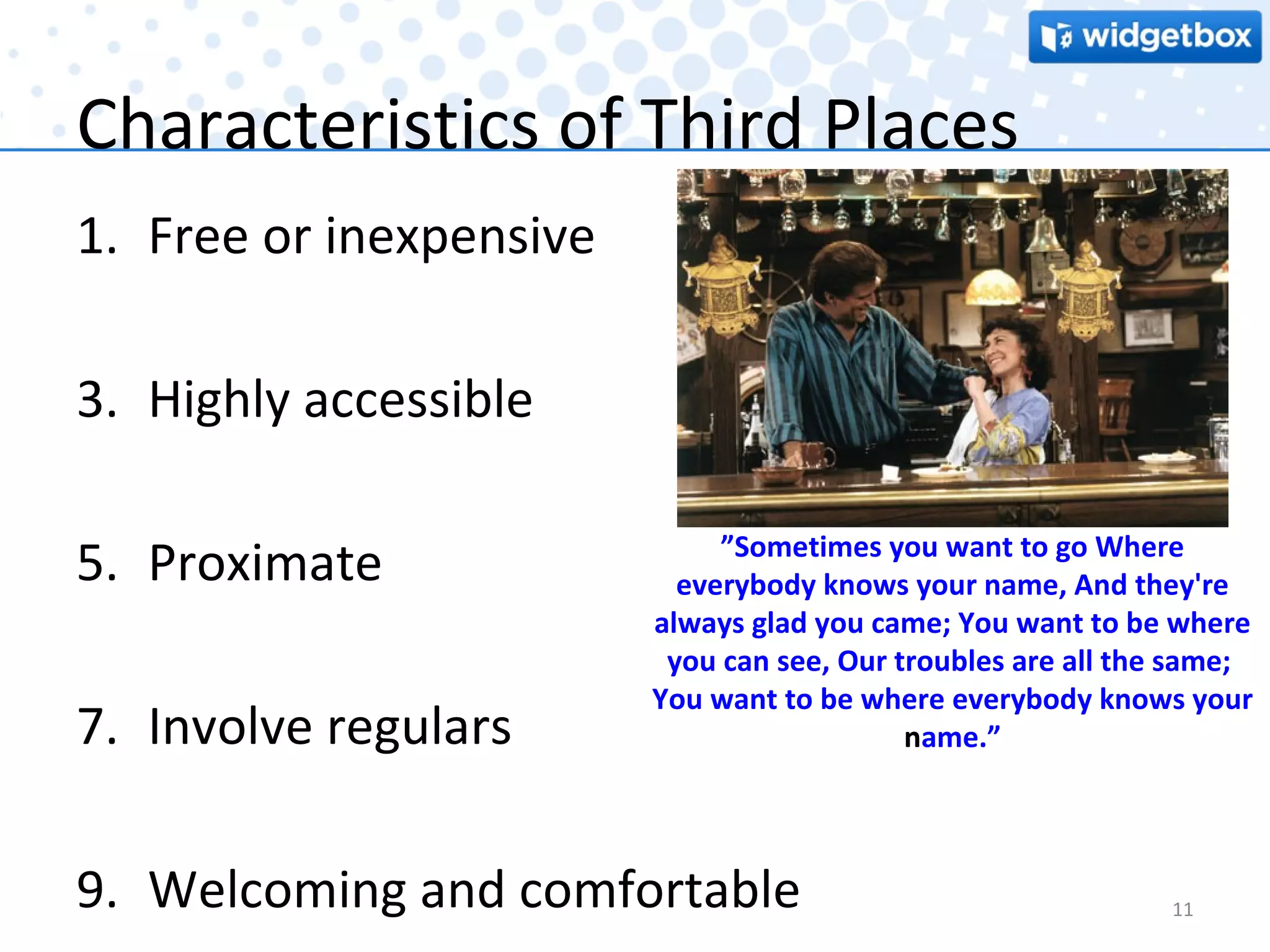 Characteristics of Third Places Free or inexpensive Highly accessible Proximate Involve regulars Welcoming and comfortable  ” Sometimes you want to go  Where everybody knows your name,  And they're always glad you came;  You want to be where you can see,  Our troubles are all the same;  You want to be where everybody knows your name.”   