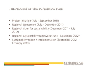 THE PROCESS OF THE TOMORROW PLAN



 Project initiation (July – September 2011)
 Regional assessment (July – December 2011)
 Regional vision for sustainability (December 2011 – July
 2012)
 Regional sustainability framework (June – November 2012)
 Sustainability report + implementation (September 2012 –
 February 2013)
 