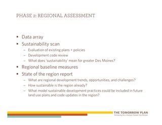 PHASE 2: REGIONAL ASSESSMENT



 Data array
 Sustainability scan
  – Evaluation of existing plans + policies
  – Development code review
  – What does ‘sustainability’ mean for greater Des Moines?
 Regional baseline measures
 State of the region report
  – What are regional development trends, opportunities, and challenges?
  – How sustainable is the region already?
  – What model sustainable development practices could be included in future
    land use plans and code updates in the region?
 