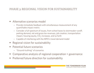 PHASE 3: REGIONAL VISION FOR SUSTAINABILITY



  Alternative scenarios model
  – Provide immediate feedback with simultaneous measurement of any
    quantifiable impact metric
  – Consider a full spectrum of issues, from school taxes to stormwater runoff,
    parking demand, net and gross tax revenues, job creation, transportation
    impact, housing equity, CO2 increases, and so forth
  – Capable of interfacing with the MPO’s travel demand model
  Regional vision for sustainability
  Potential future scenarios
  – “Ground-truthing” of scenarios
  Comparative analysis of regional cooperation + governance
  Preferred future direction for sustainability
 