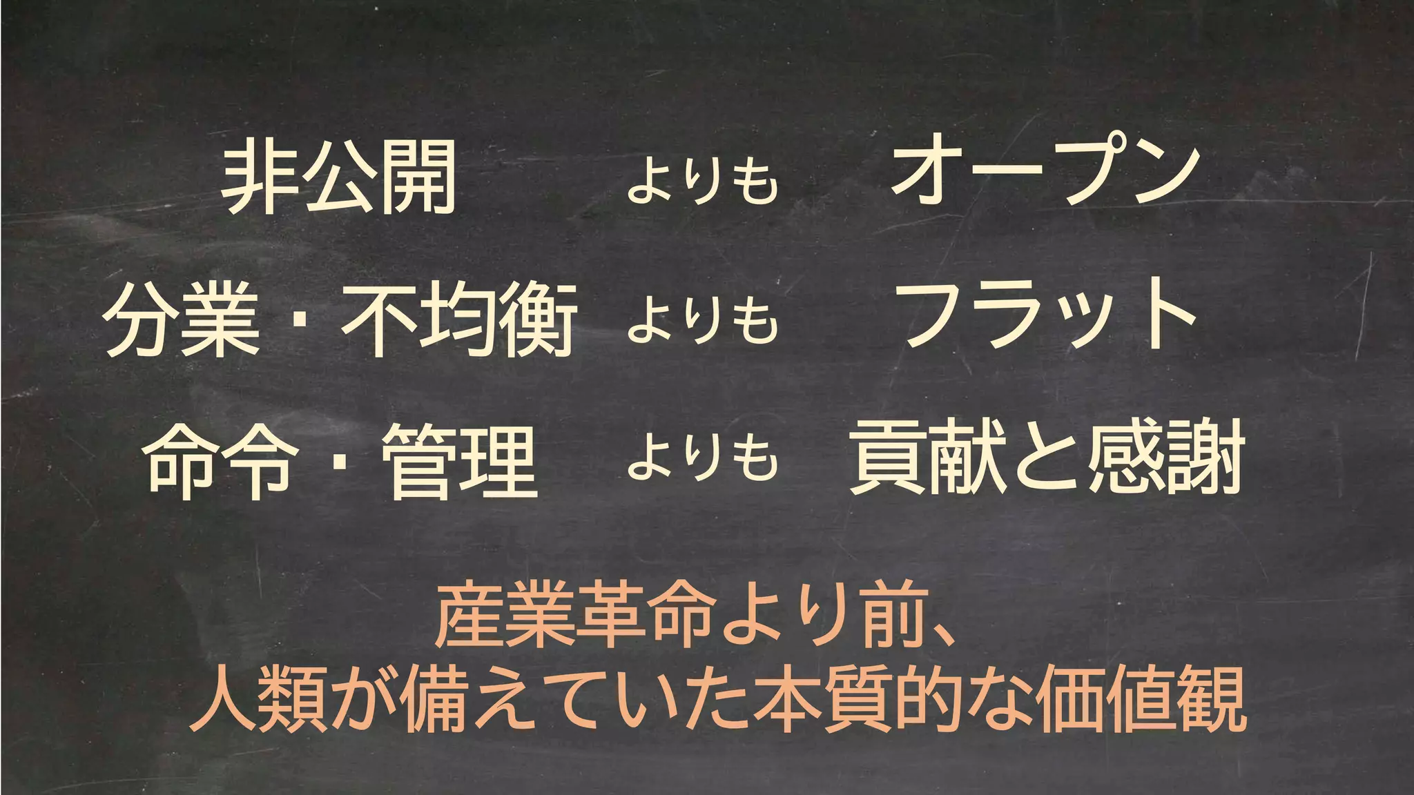 オープン
フラット
貢献と感謝
よりも
よりも
よりも
非公開
分業・不均衡
命令・管理
産業革命より前、
人類が備えていた本質的な価値観
 