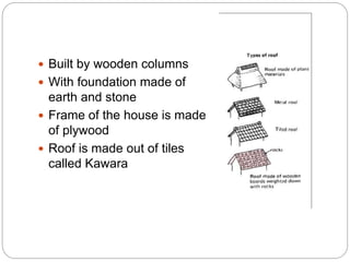  Built by wooden columns
 With foundation made of
earth and stone
 Frame of the house is made
of plywood
 Roof is made out of tiles
called Kawara
 
