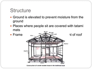 Structure
 Ground is elevated to prevent moisture from the
ground
 Places where people sit are covered with tatami
mats
 Frame of the house supports the weight of roof
 